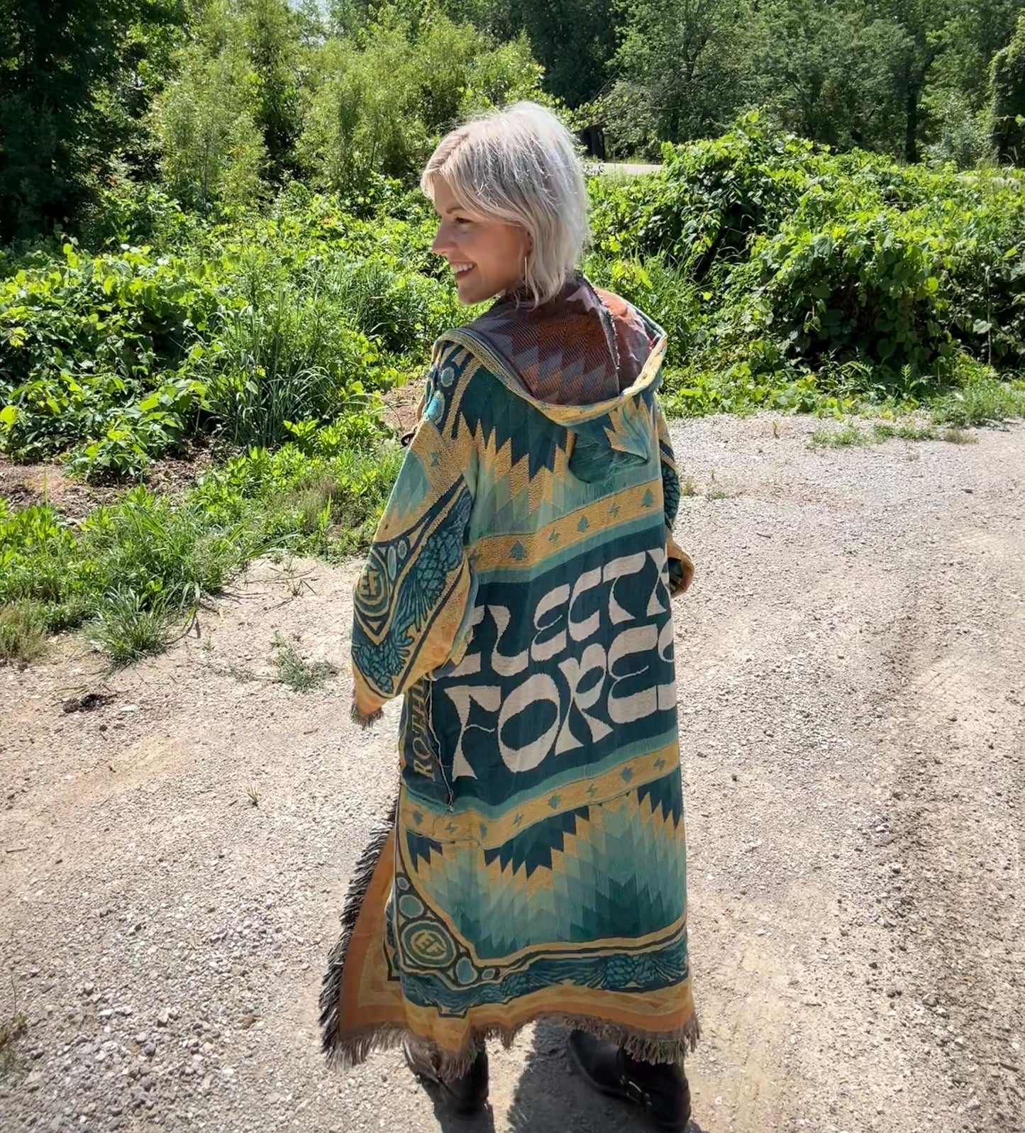 Teal Electric Forest Long Blanket Coat
