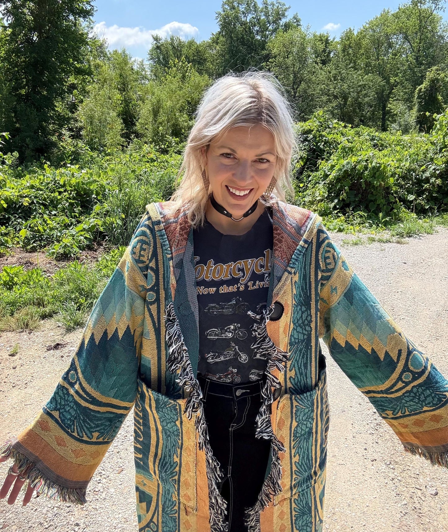 Teal Electric Forest Long Blanket Coat