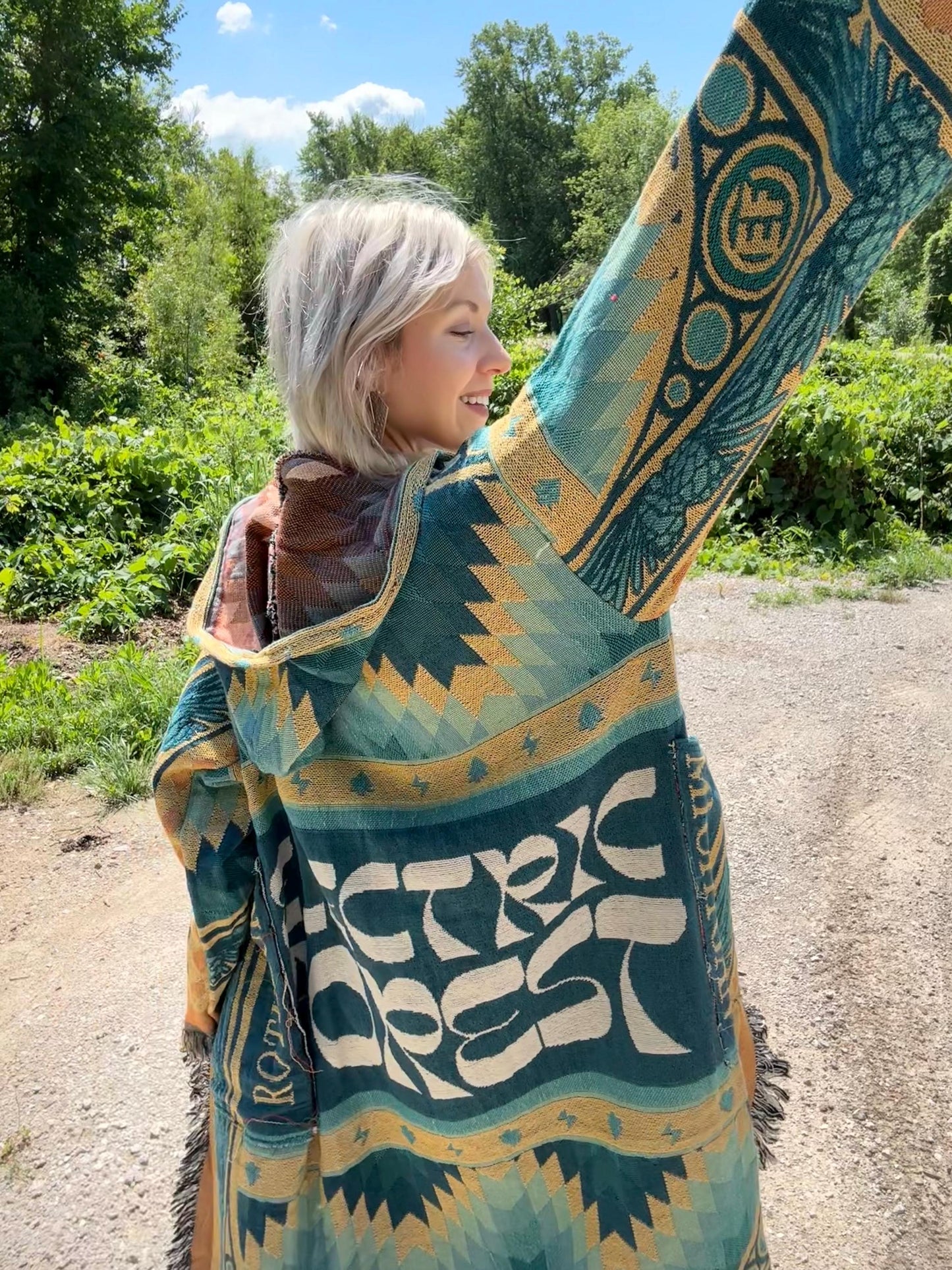 Teal Electric Forest Long Blanket Coat
