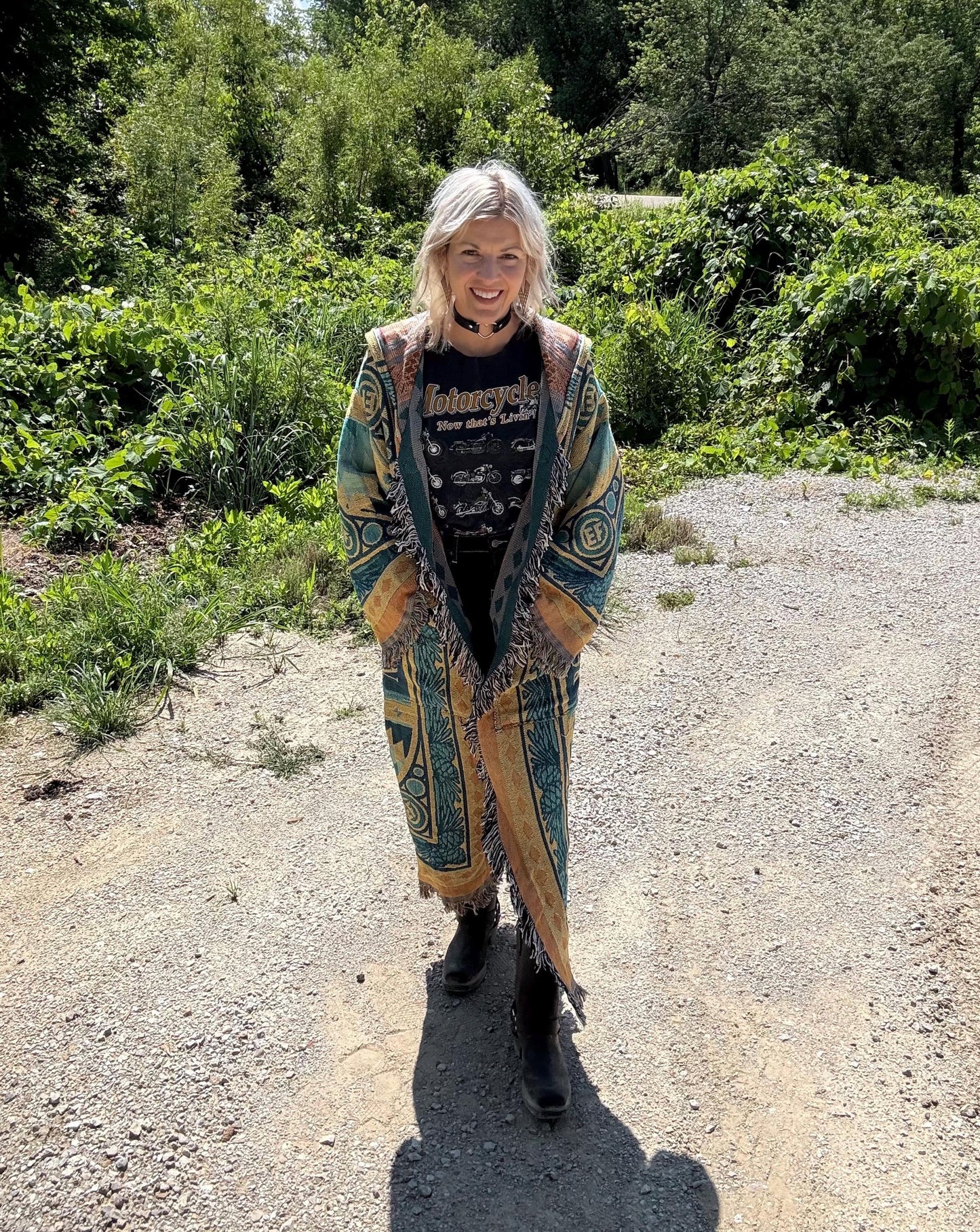 Teal Electric Forest Long Blanket Coat
