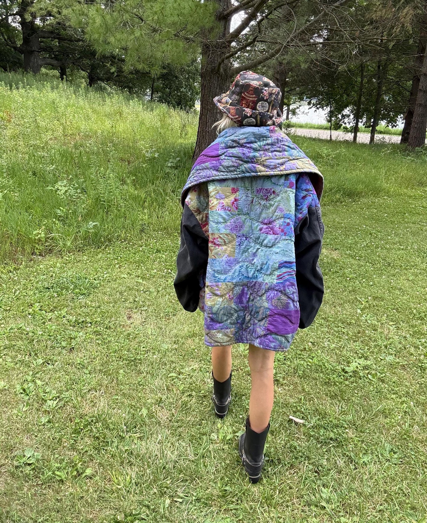 Indigo Dreams Dyed Boxy Quilt Coat With Denim Sleeves