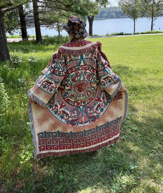 Mayan Sun Calendar Long Dune Celestial Blanket Coat