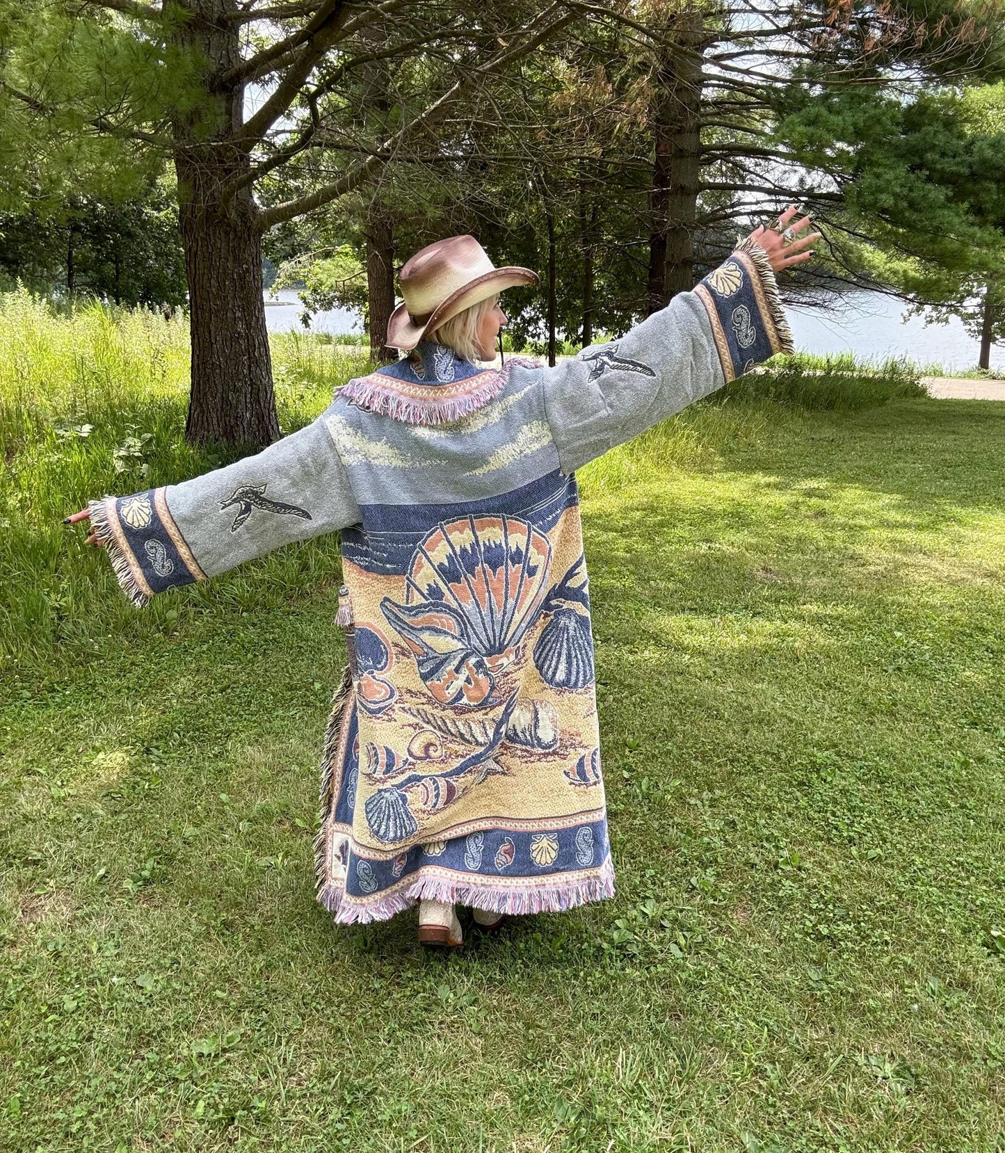 Beachy Seashells Long Boho Blanket Coat