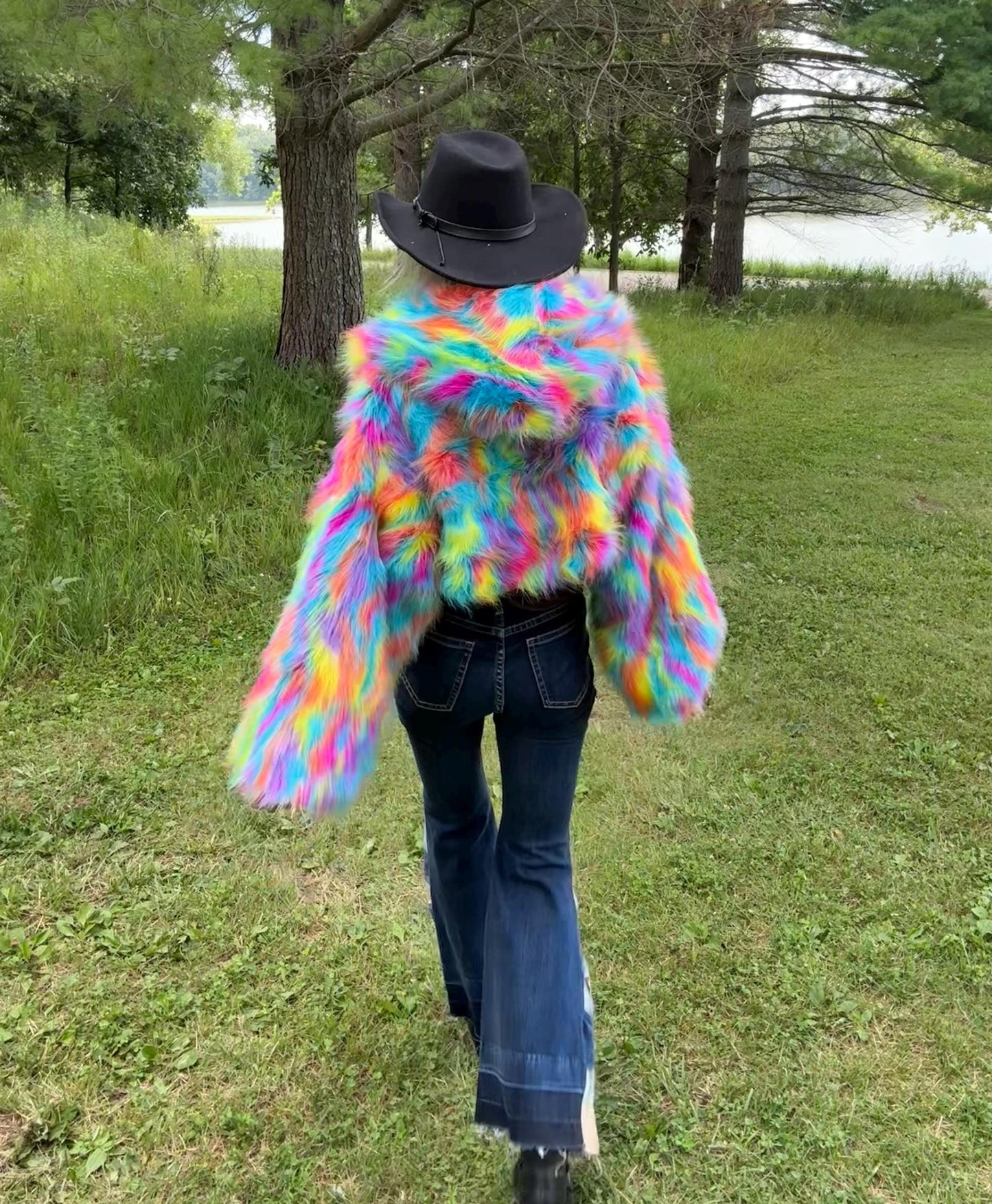 Rainbow Rave Barbie Cropped Faux Fur Jacket
