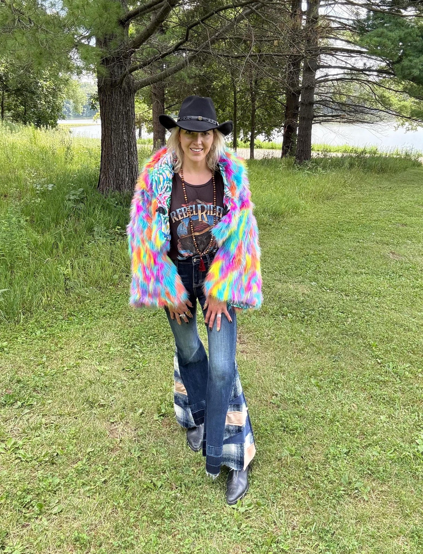 Rainbow Rave Barbie Cropped Faux Fur Jacket