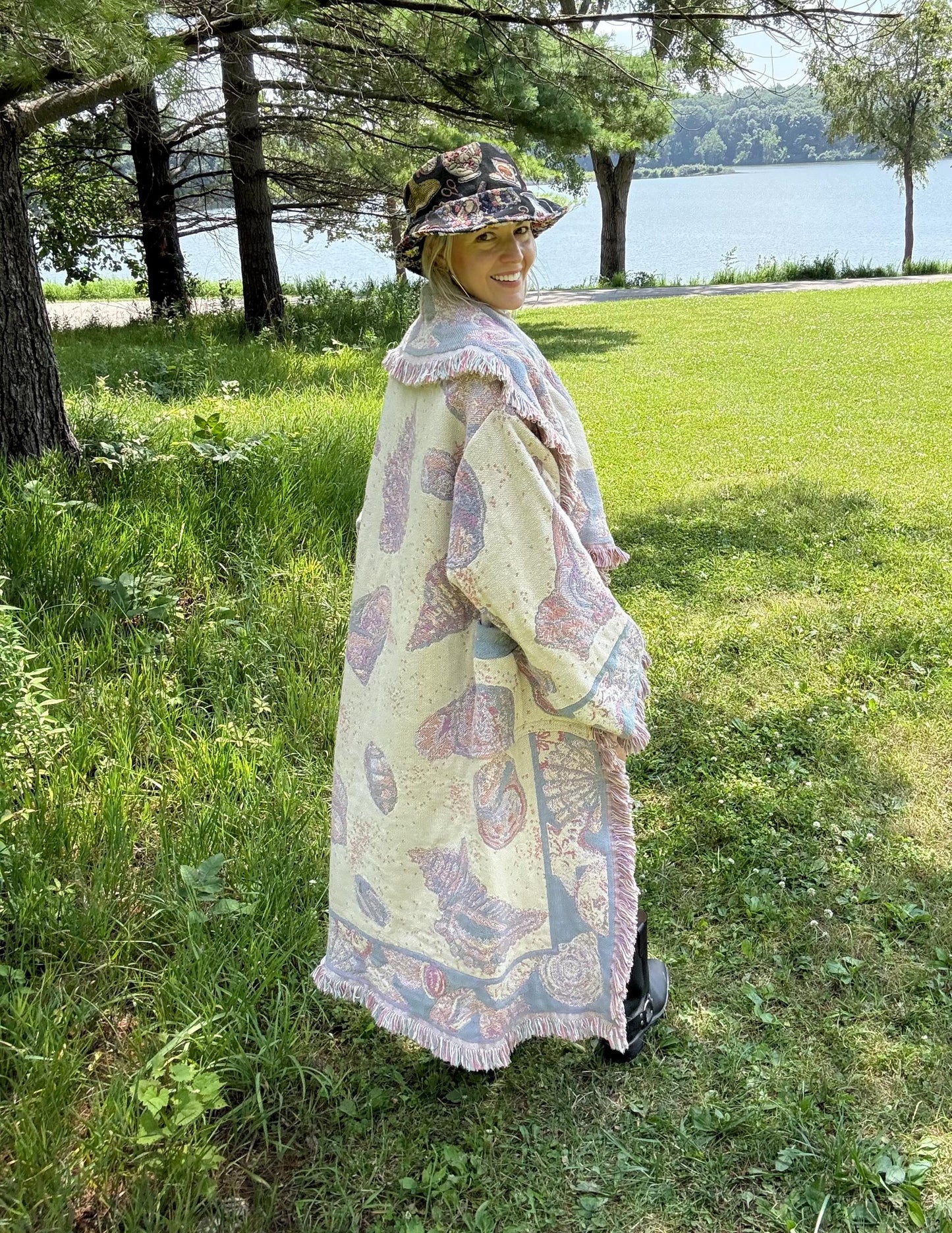 Seashell Pastels Long Boho Blanket Coat
