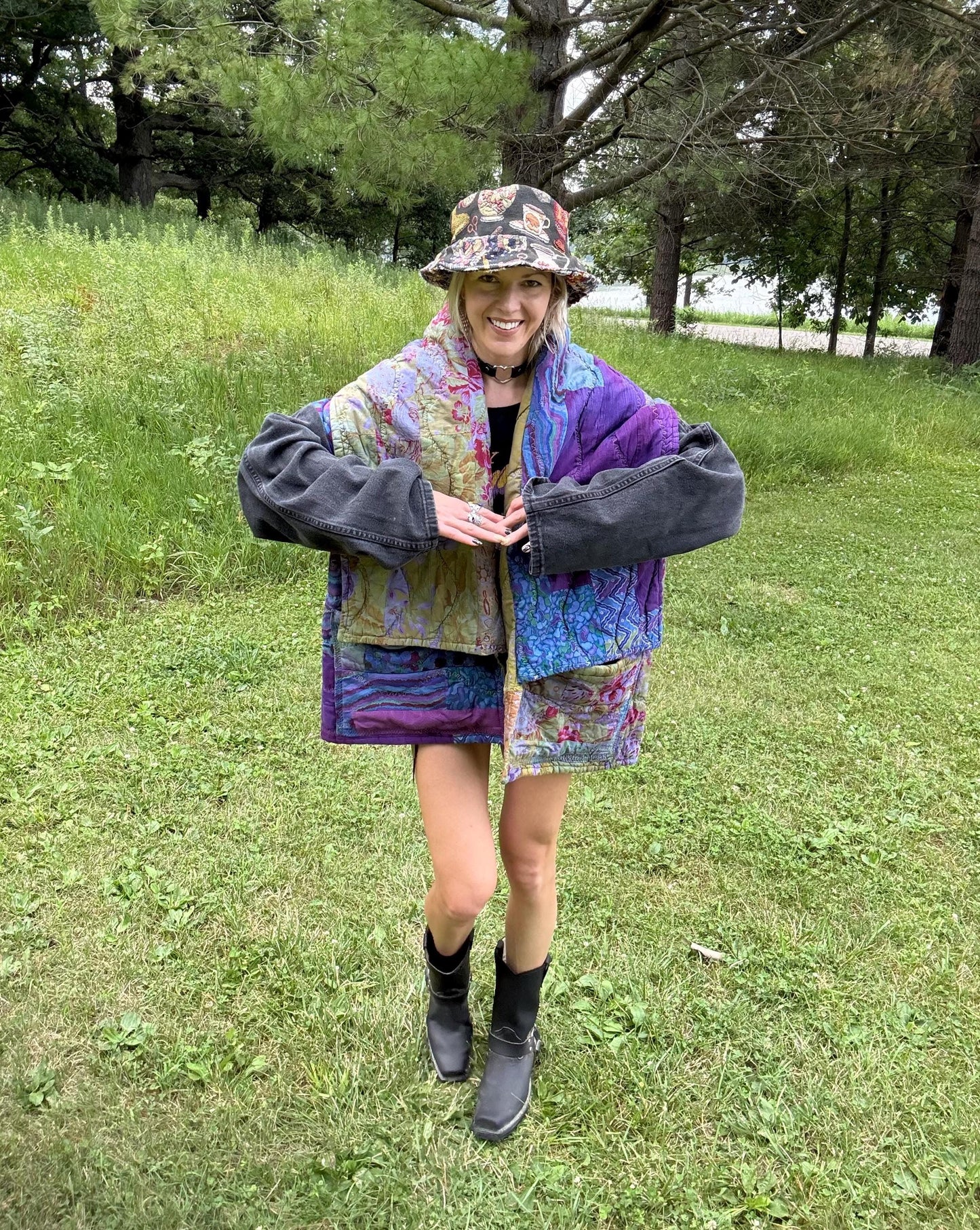 Indigo Dreams Dyed Boxy Quilt Coat With Denim Sleeves