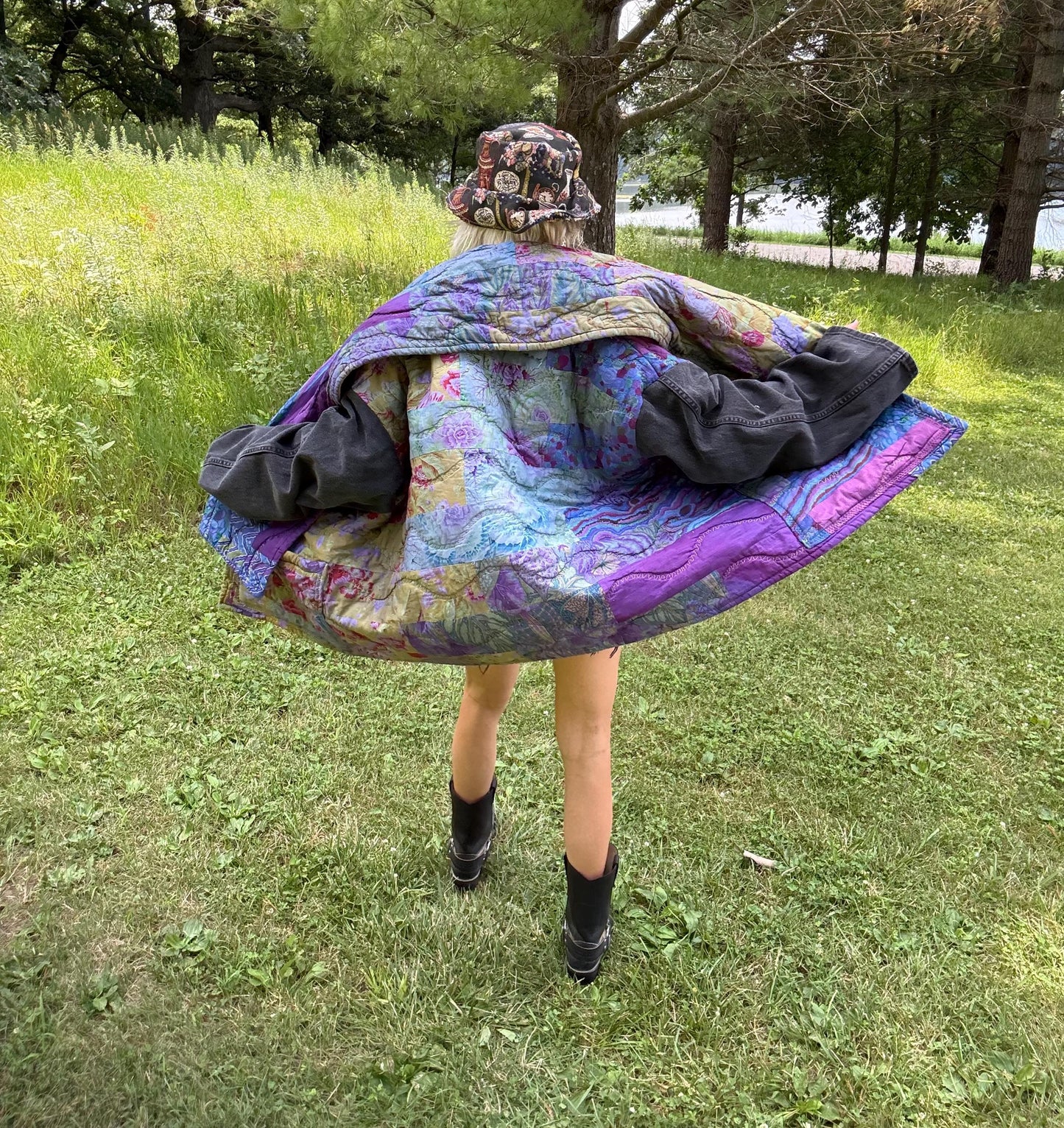 Indigo Dreams Dyed Boxy Quilt Coat With Denim Sleeves