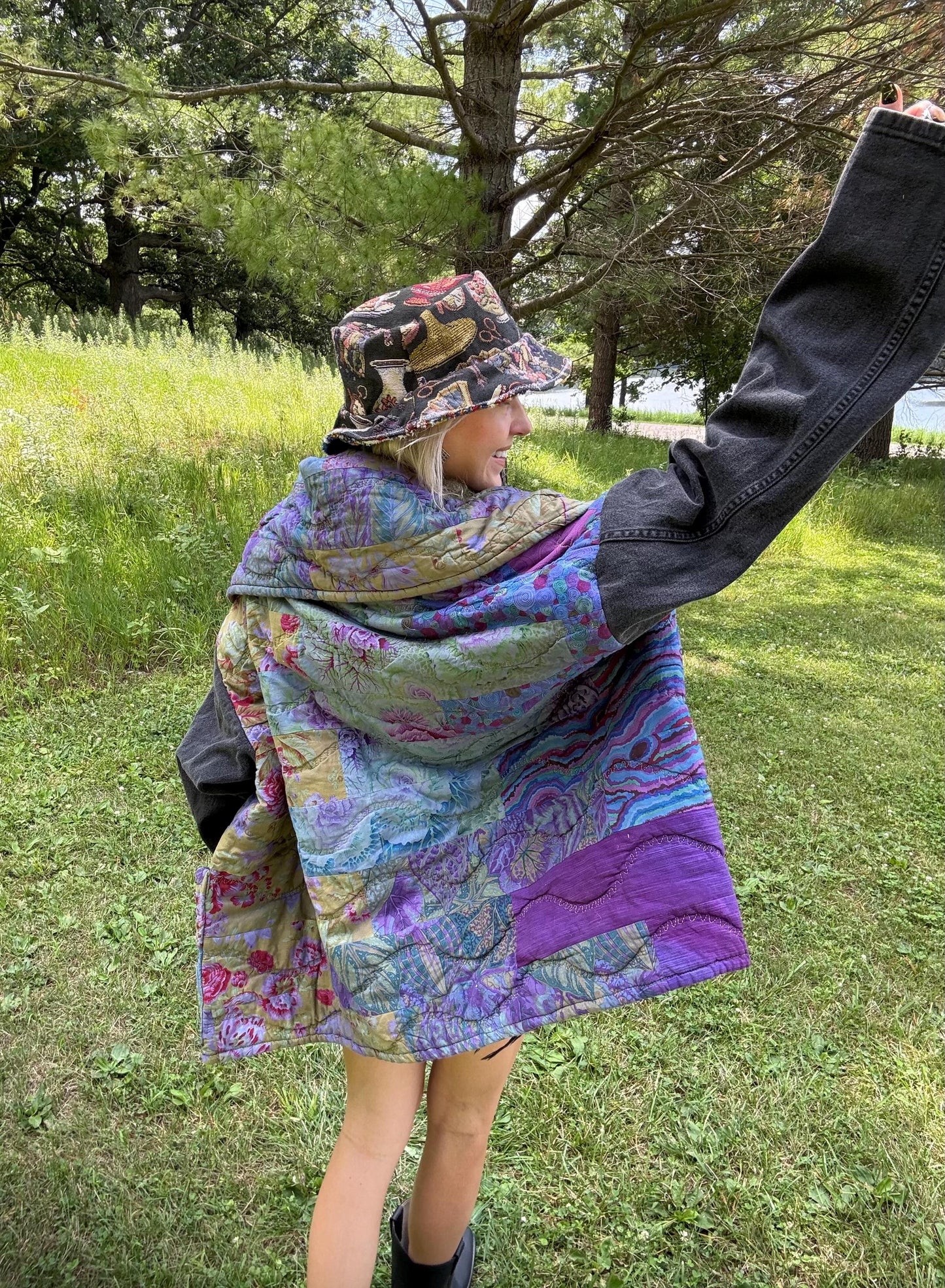 Indigo Dreams Dyed Boxy Quilt Coat With Denim Sleeves