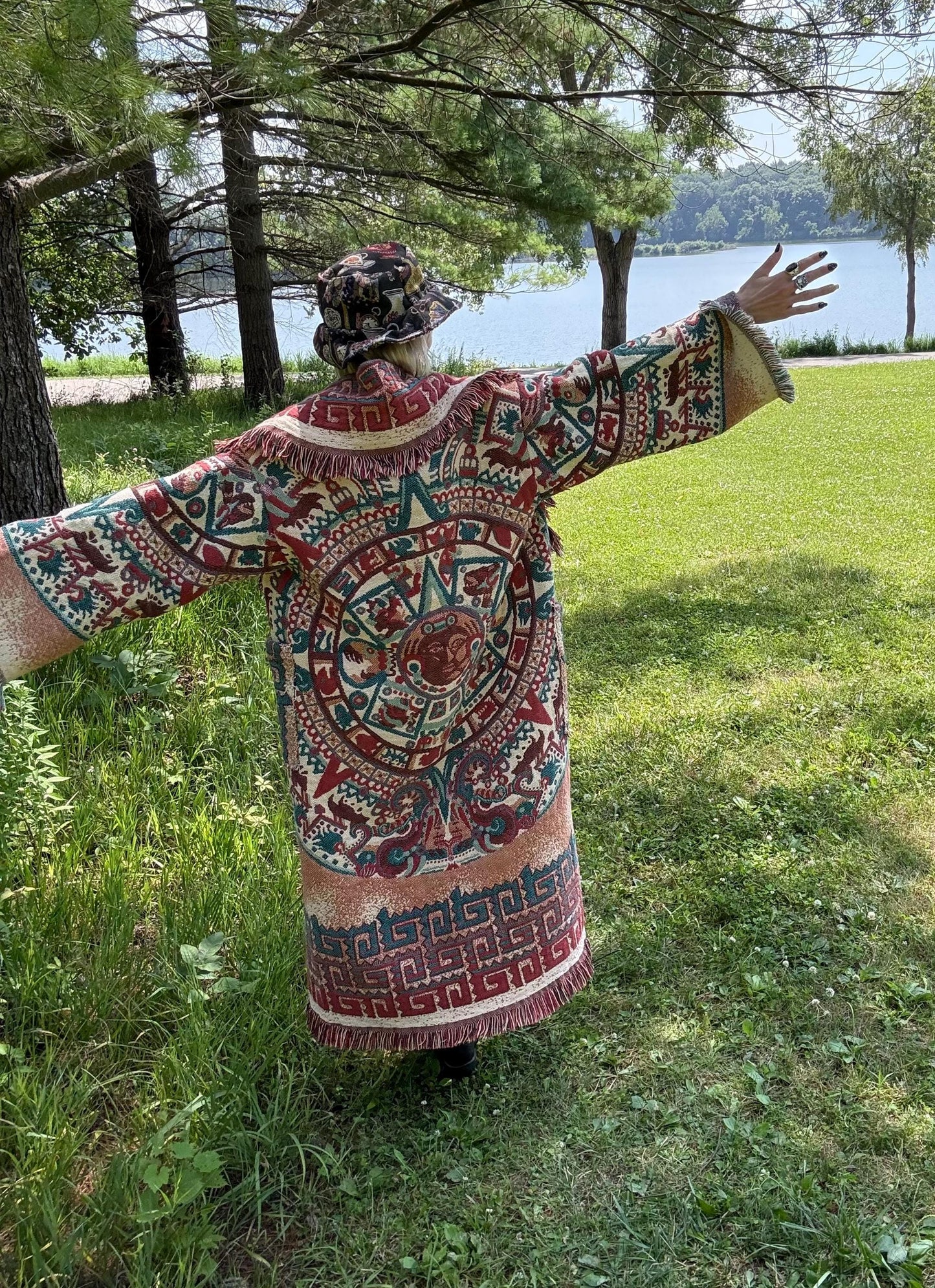Mayan Sun Calendar Long Dune Celestial Blanket Coat