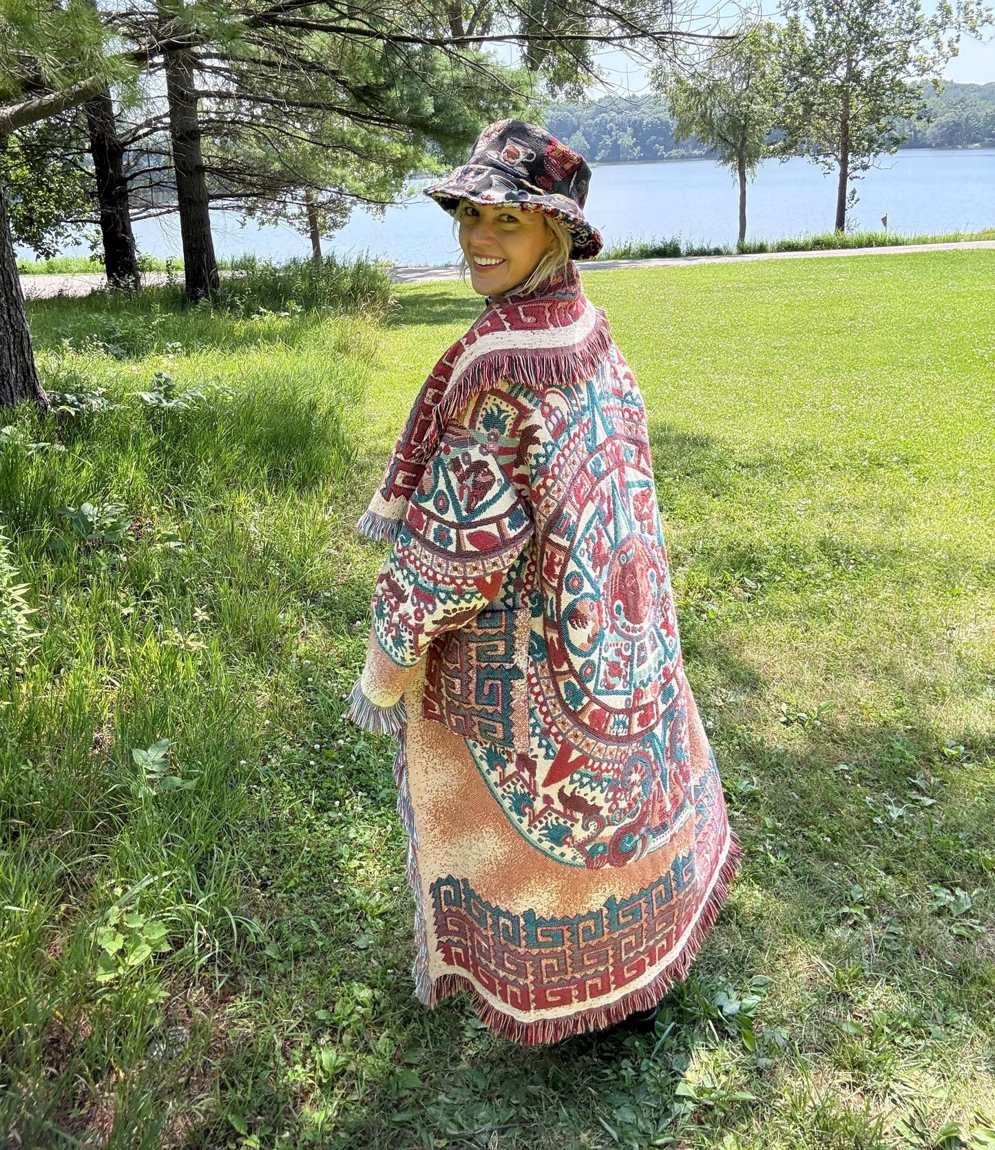 Mayan Sun Calendar Long Dune Celestial Blanket Coat