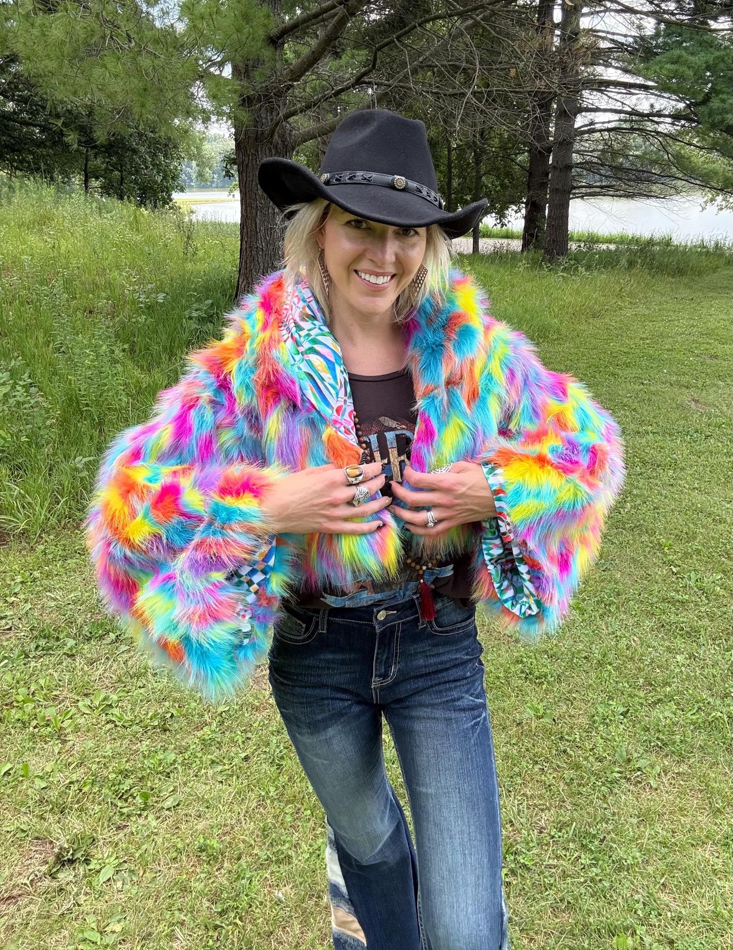 Rainbow Rave Barbie Cropped Faux Fur Jacket