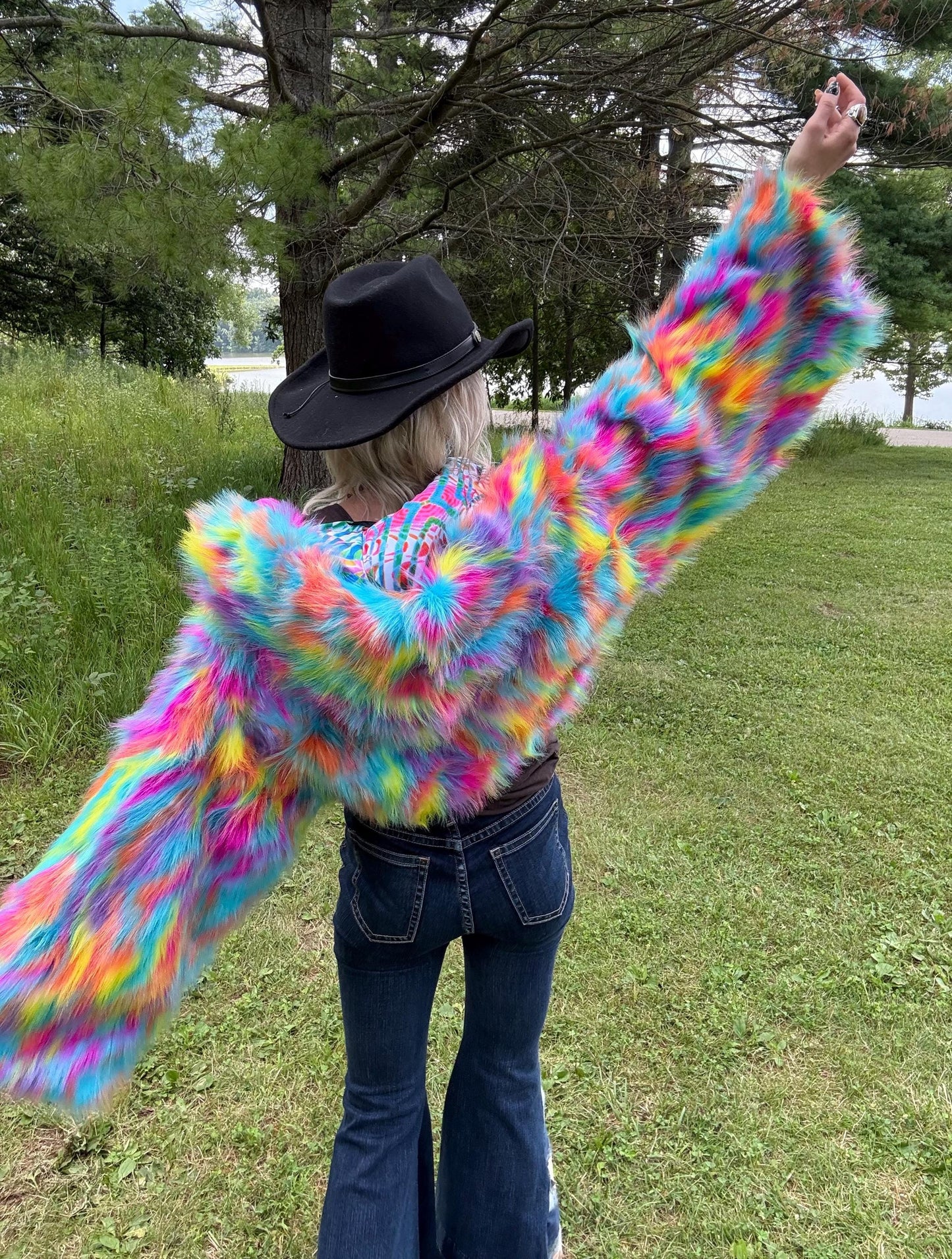 Rainbow Rave Barbie Cropped Faux Fur Jacket