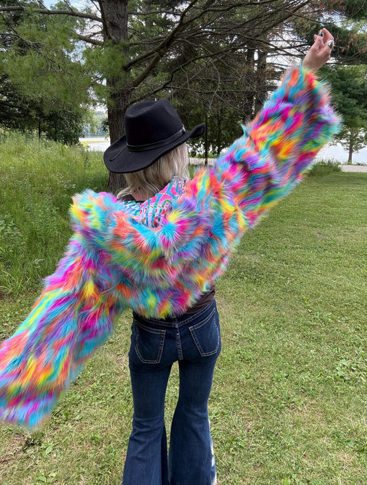 Rainbow Rave Barbie Cropped Faux Fur Jacket