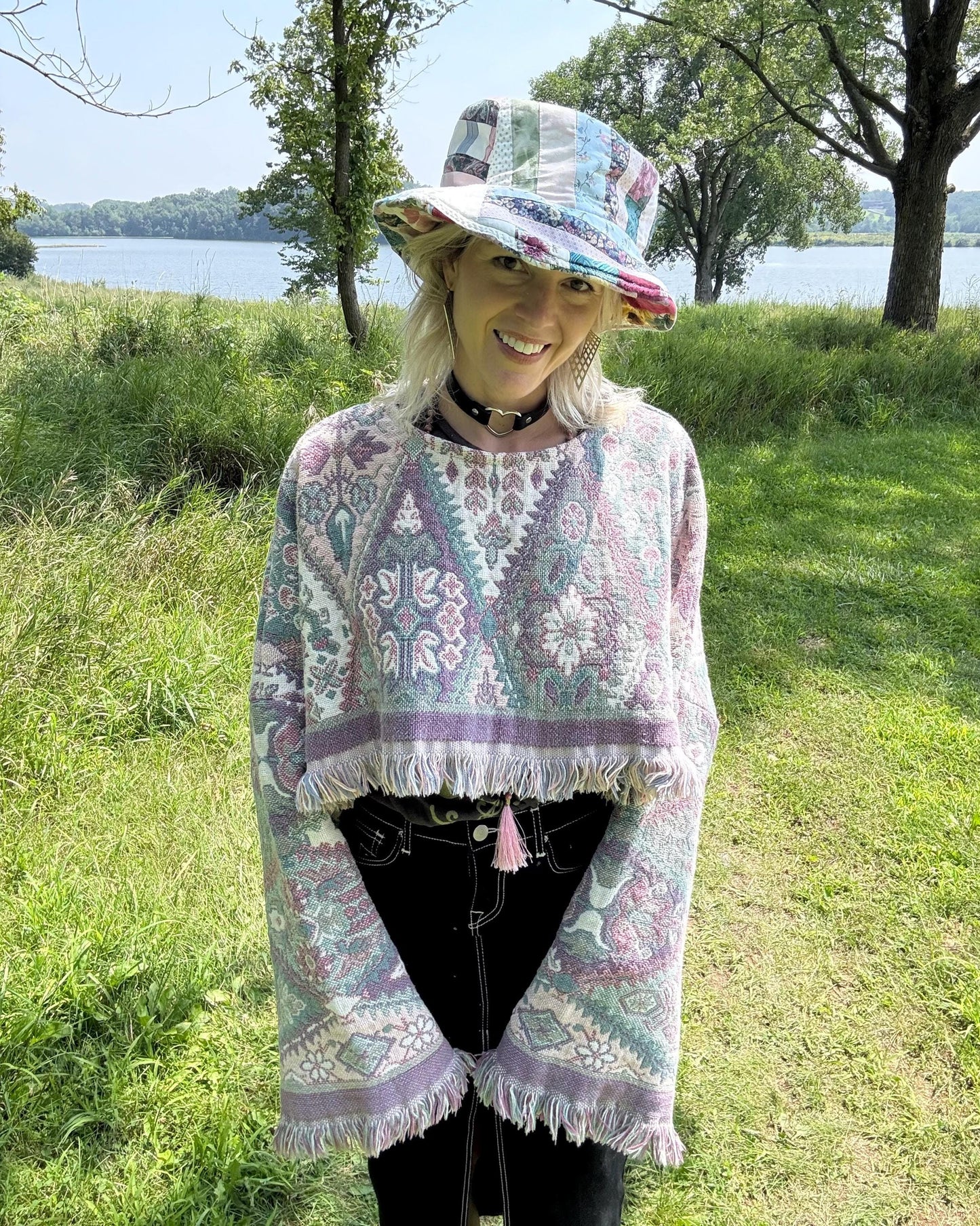 Pastel Geometric Western Print Oversized Cropped Blanket Crew