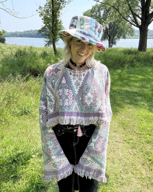 Pastel Geometric Western Print Oversized Cropped Blanket Crew