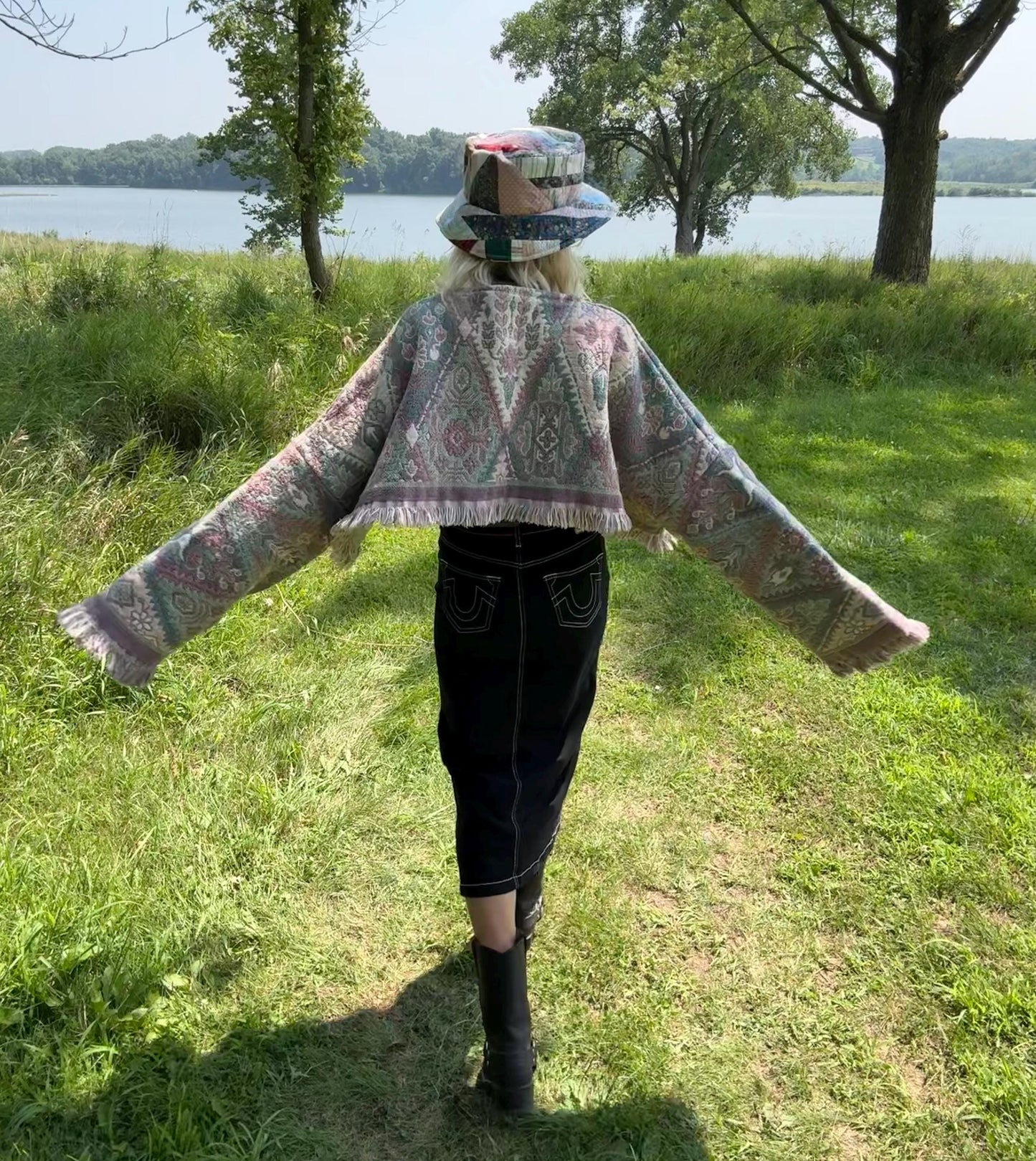 Pastel Geometric Western Print Oversized Cropped Blanket Crew