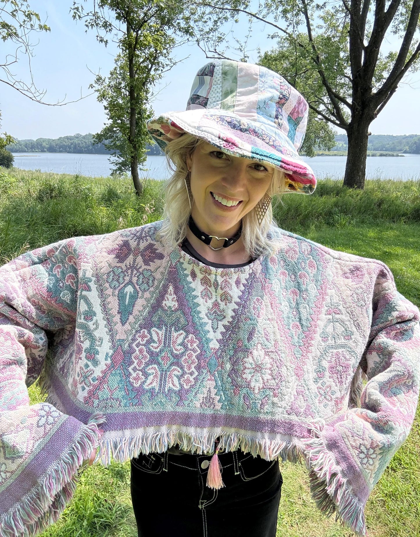 Pastel Geometric Western Print Oversized Cropped Blanket Crew