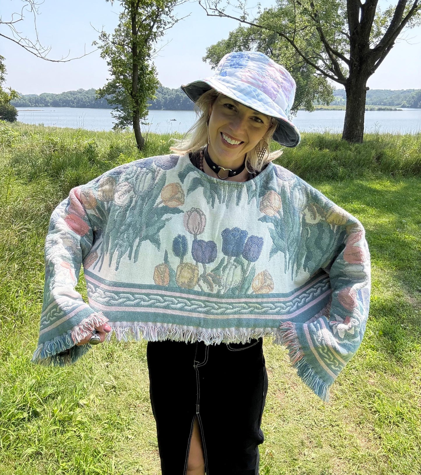 Romantic Tulip Garden Pastel Cropped Oversized Blanket Sweater