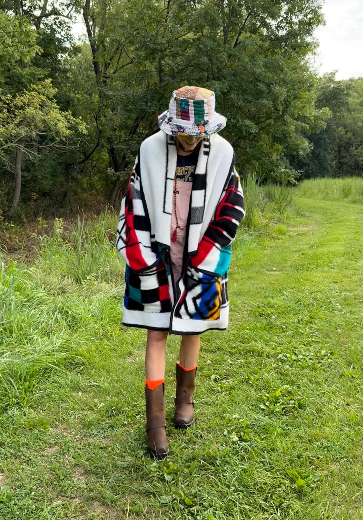 Black White Bold Geometric Fleece Blanket Coat