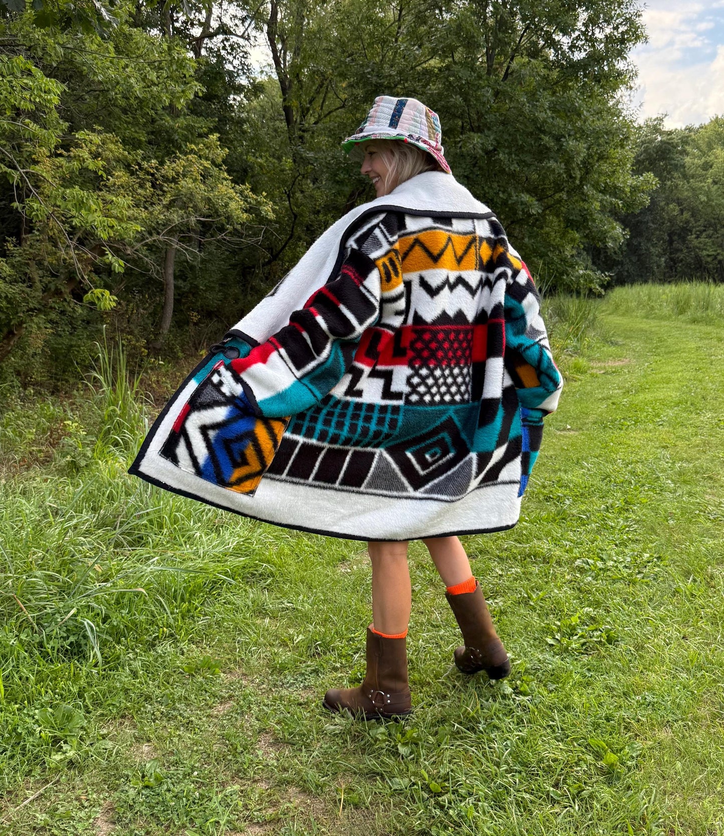 Black White Bold Geometric Fleece Blanket Coat