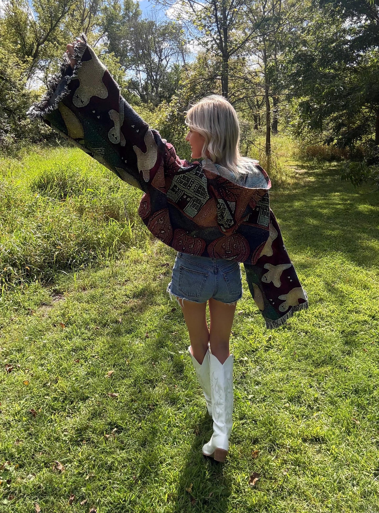 Spooky Babe Super Oversized Cropped Halloween Art Blamket Hoodie
