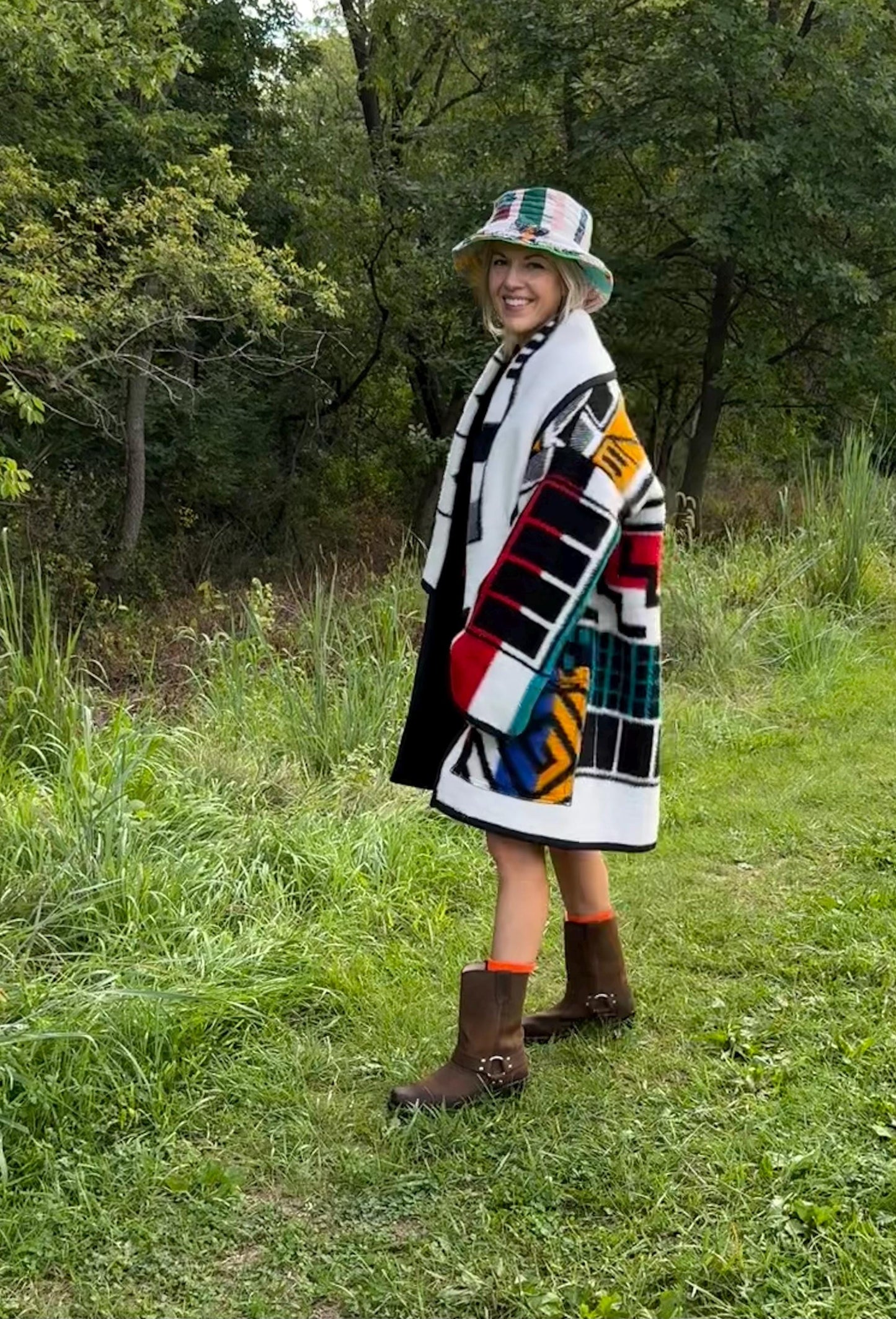 Black White Bold Geometric Fleece Blanket Coat