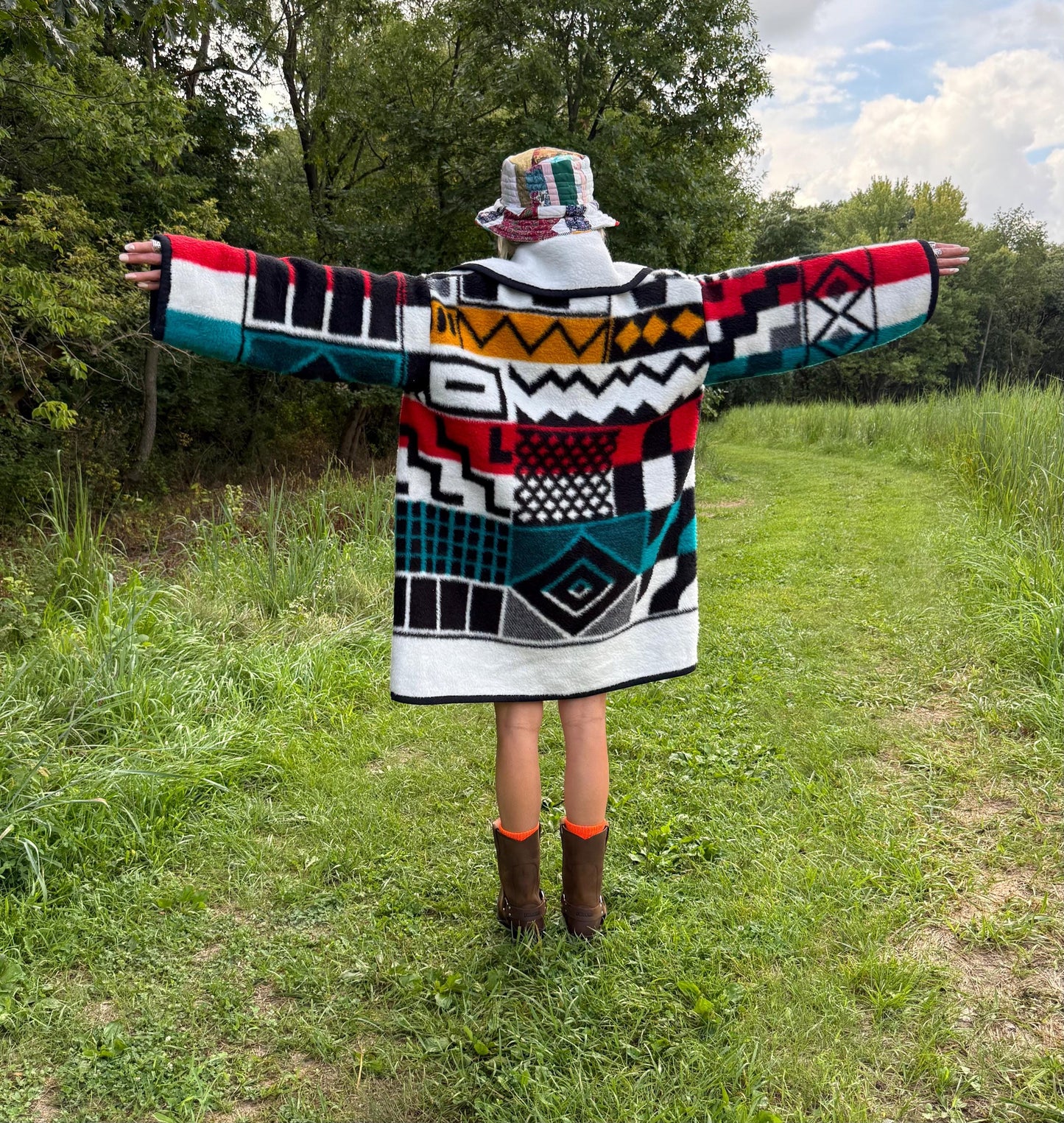 Black White Bold Geometric Fleece Blanket Coat