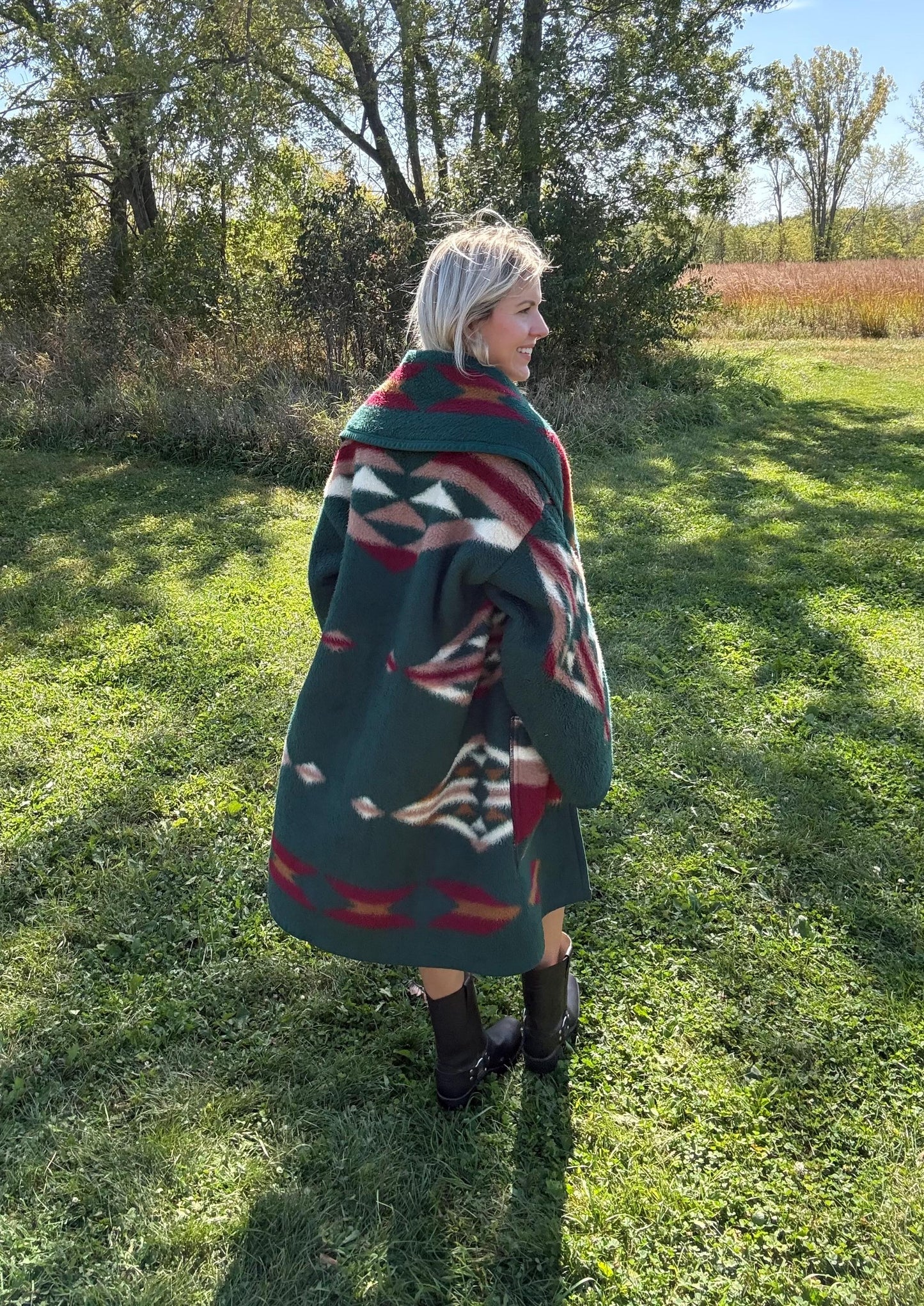 Hunter Green Southwestern Fleece Blanket Coat