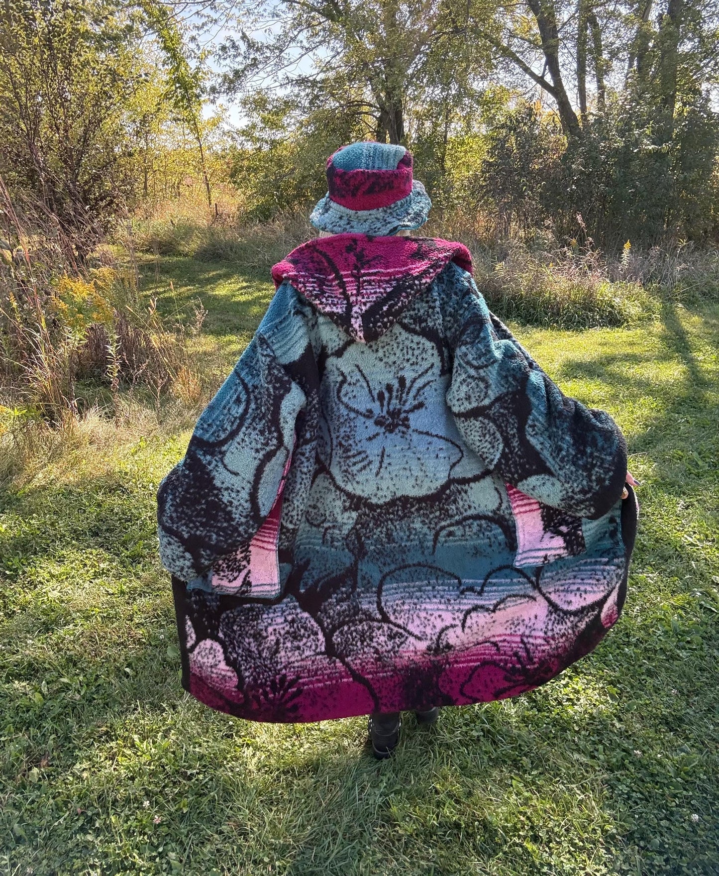Jewel Toned Hibiscus Flower Maximalist Reversible Fleece Quilt Coat