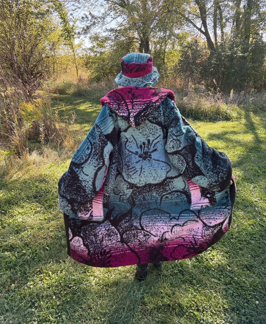 Jewel Toned Hibiscus Flower Maximalist Reversible Fleece Quilt Coat