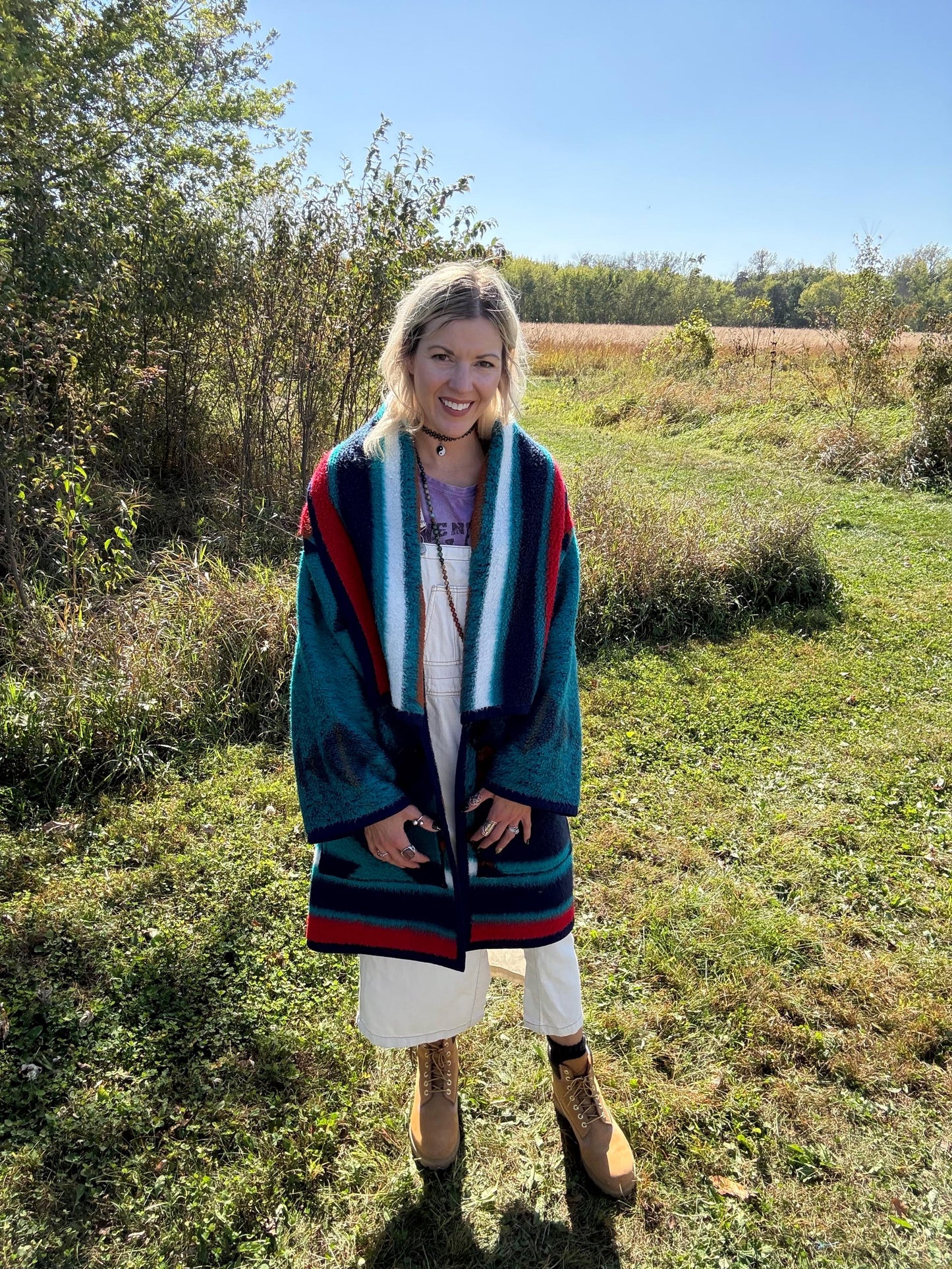 Deep Turquoise Southwestern Fleece Blanket Coat