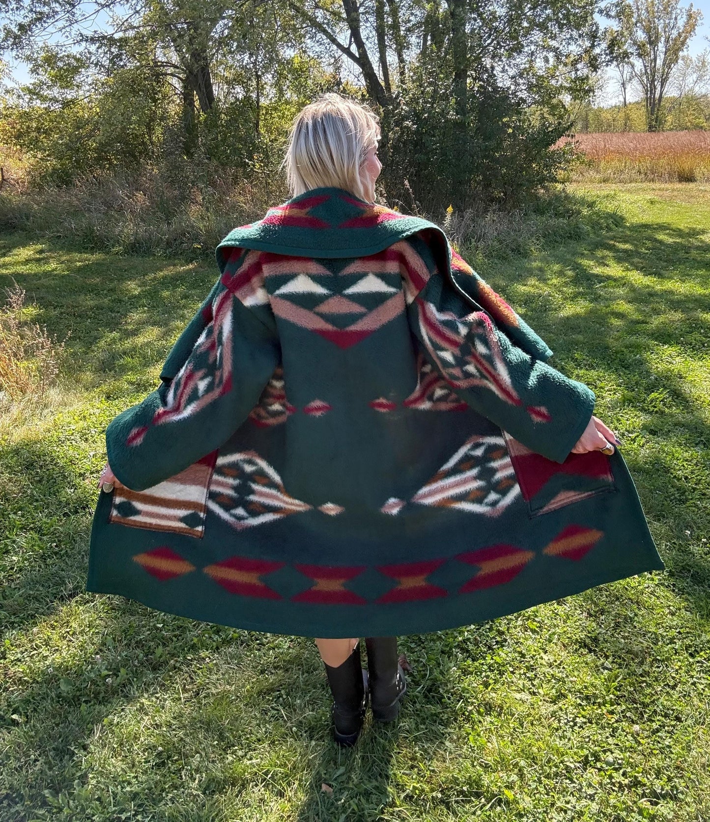 Hunter Green Southwestern Fleece Blanket Coat