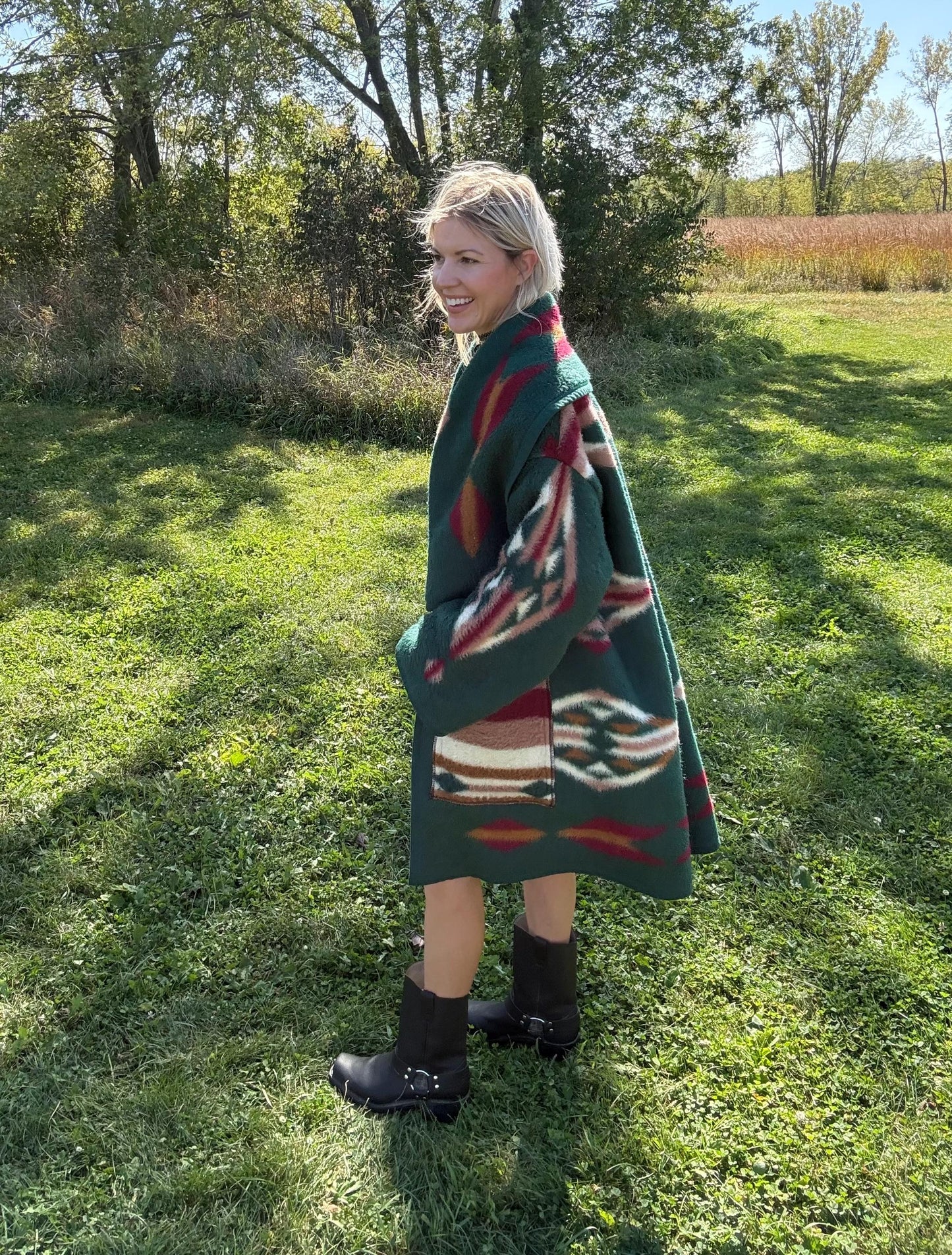 Hunter Green Southwestern Fleece Blanket Coat