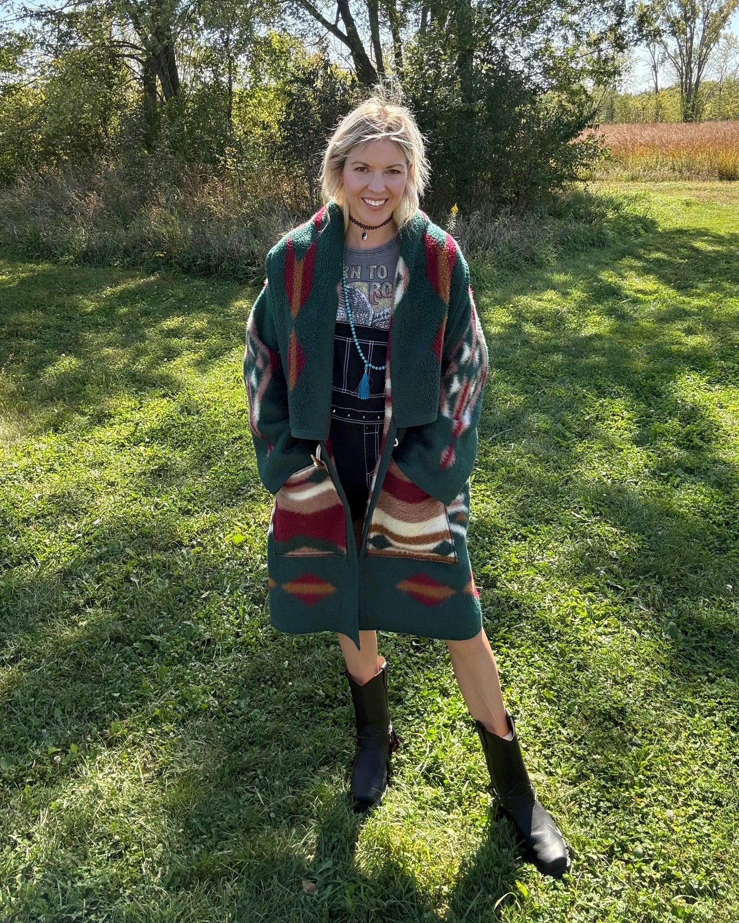 Hunter Green Southwestern Fleece Blanket Coat