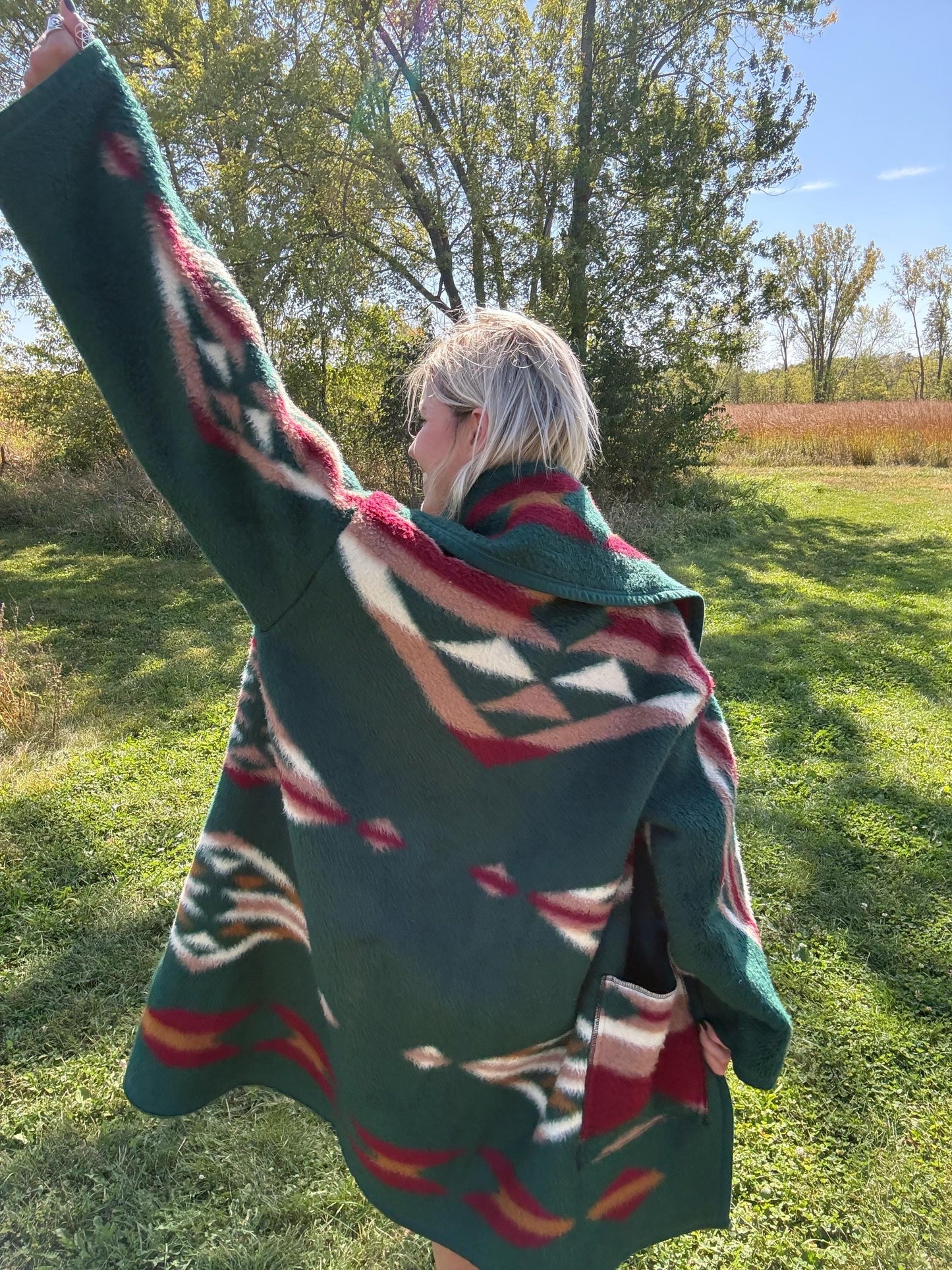 Hunter Green Southwestern Fleece Blanket Coat