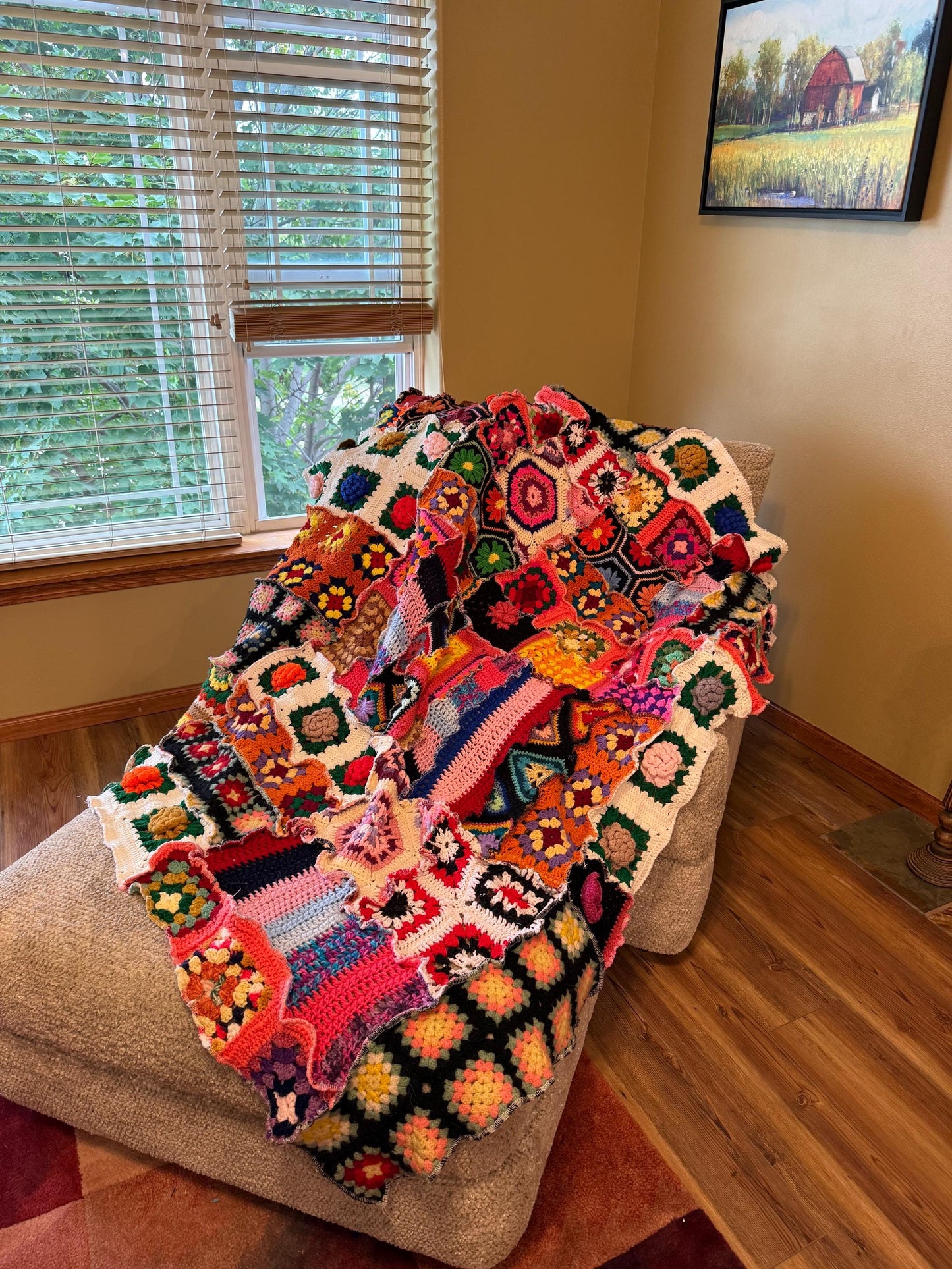 Hippie Heart Groovy Rainbow Patchwork Crochet Blanket