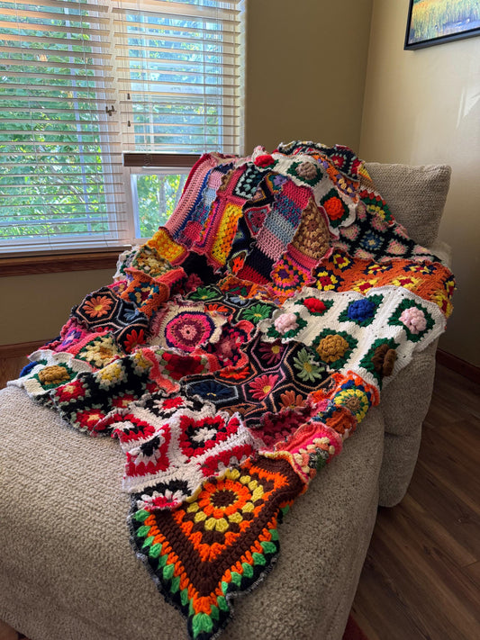 Hippie Heart Groovy Rainbow Patchwork Crochet Blanket