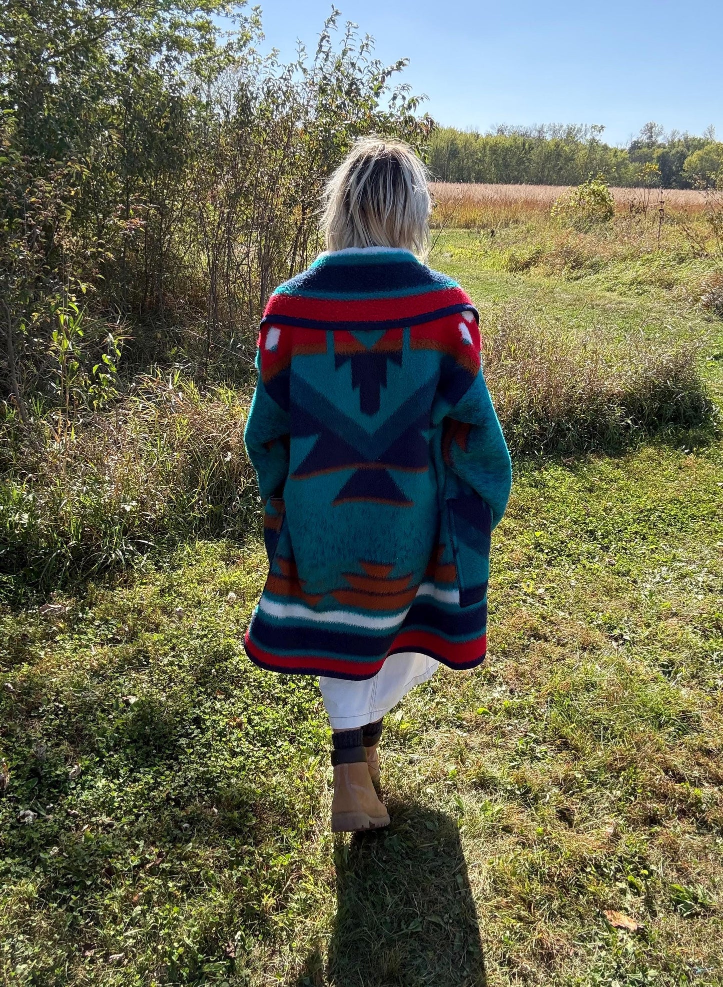 Deep Turquoise Southwestern Fleece Blanket Coat