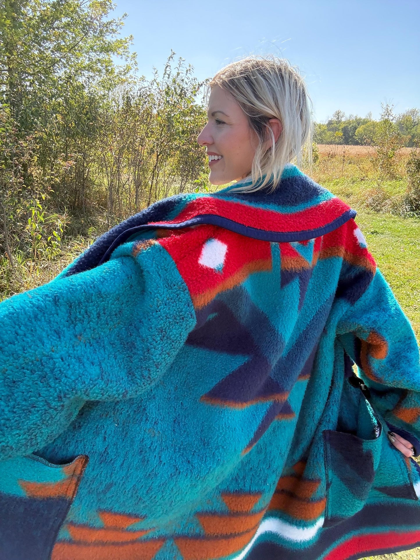 Deep Turquoise Southwestern Fleece Blanket Coat