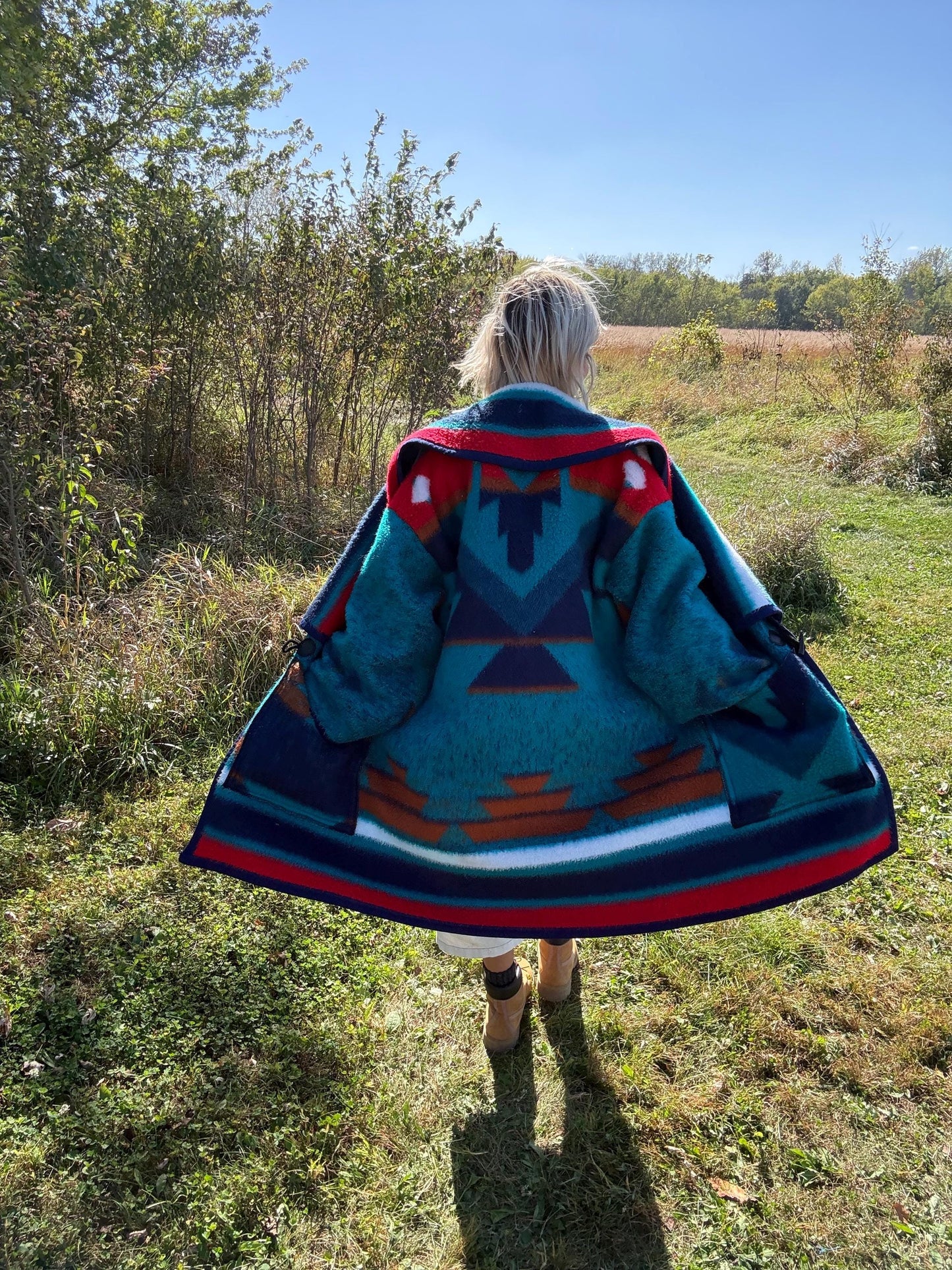 Deep Turquoise Southwestern Fleece Blanket Coat