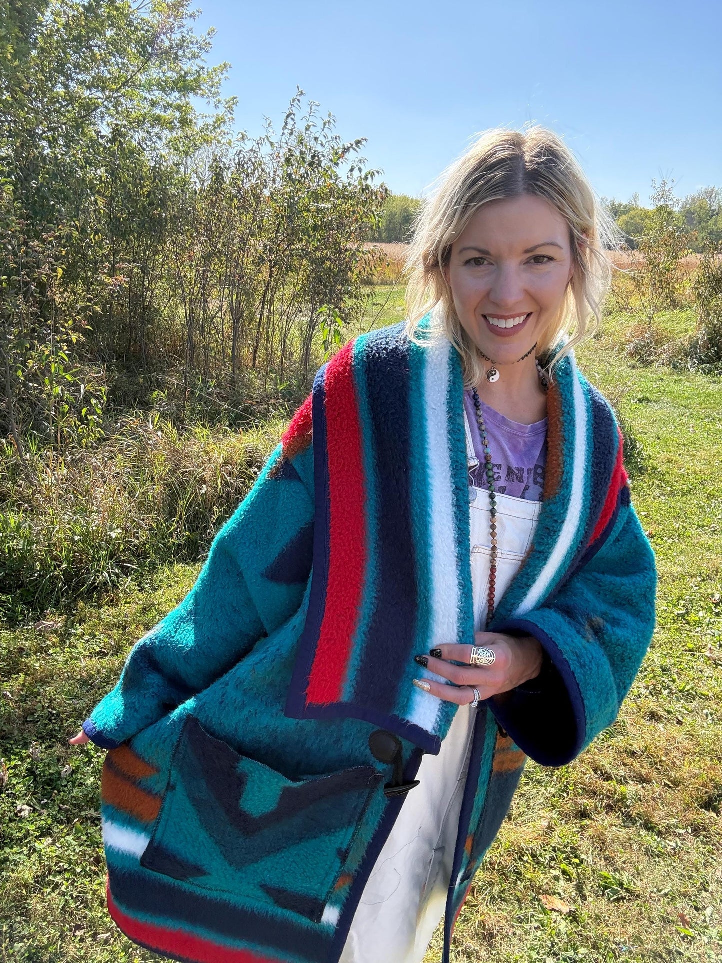 Deep Turquoise Southwestern Fleece Blanket Coat