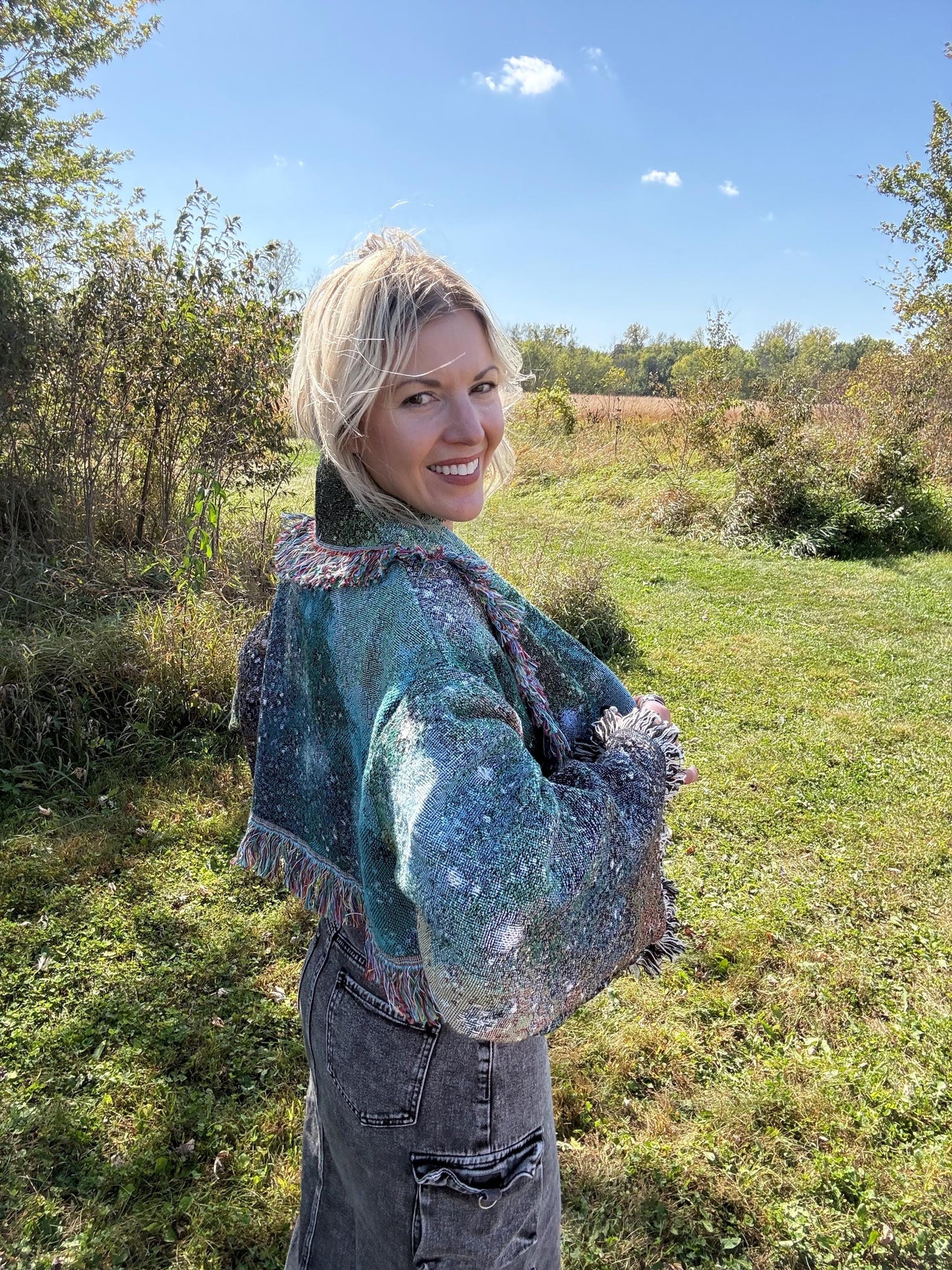 Green Intergalactic Stardust Cropped Blanket Coat
