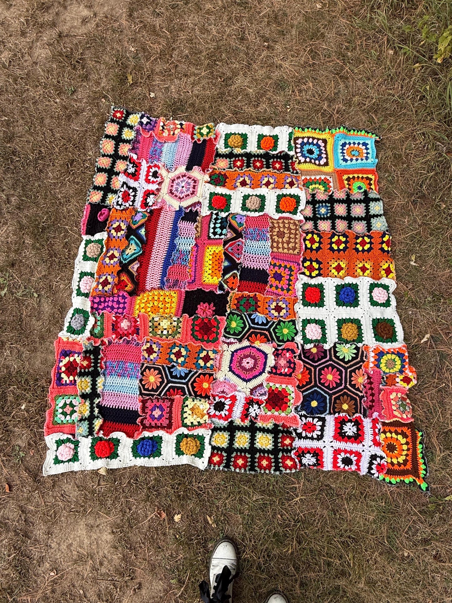 Hippie Heart Groovy Rainbow Patchwork Crochet Blanket