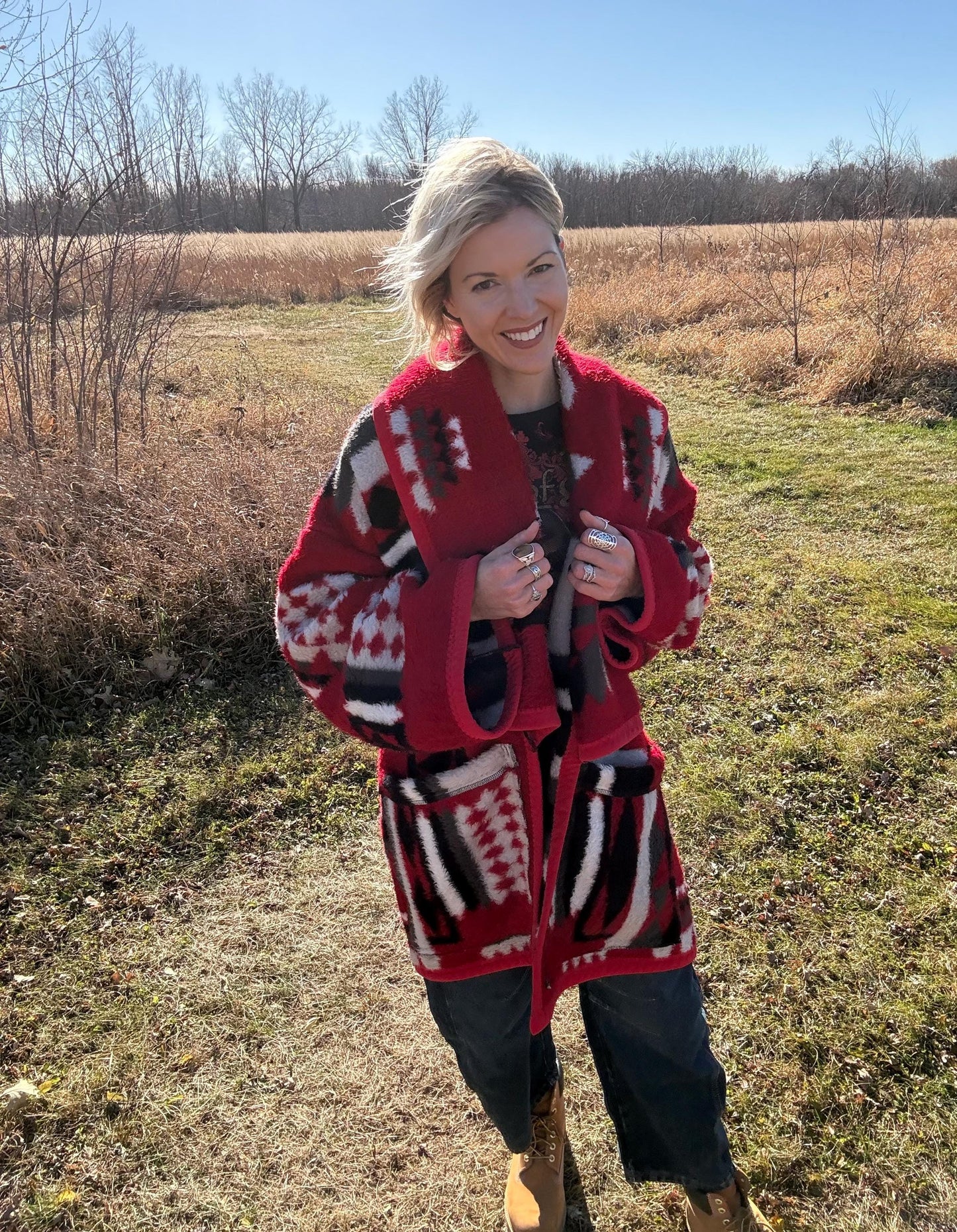 Desert Romance Red Geometric Fleece Blanket Jacket