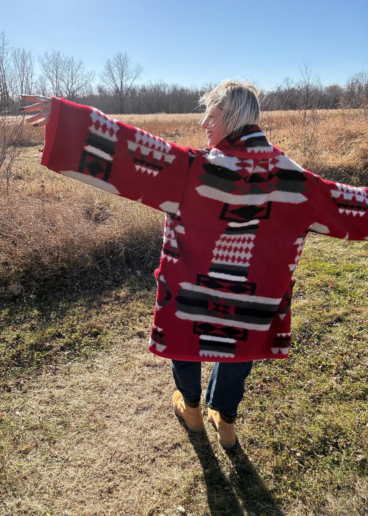 Desert Romance Red Geometric Fleece Blanket Jacket