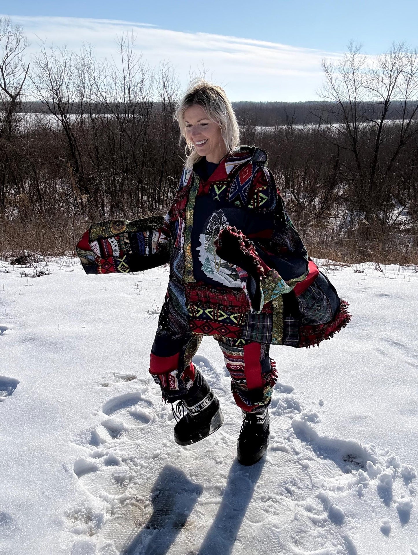 Nostalgic Snowy Holiday Two Piece Patchwork Set, One-Of-A-Kind Wearable Art