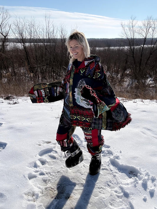 Nostalgic Snowy Holiday Two Piece Patchwork Set, One-Of-A-Kind Wearable Art