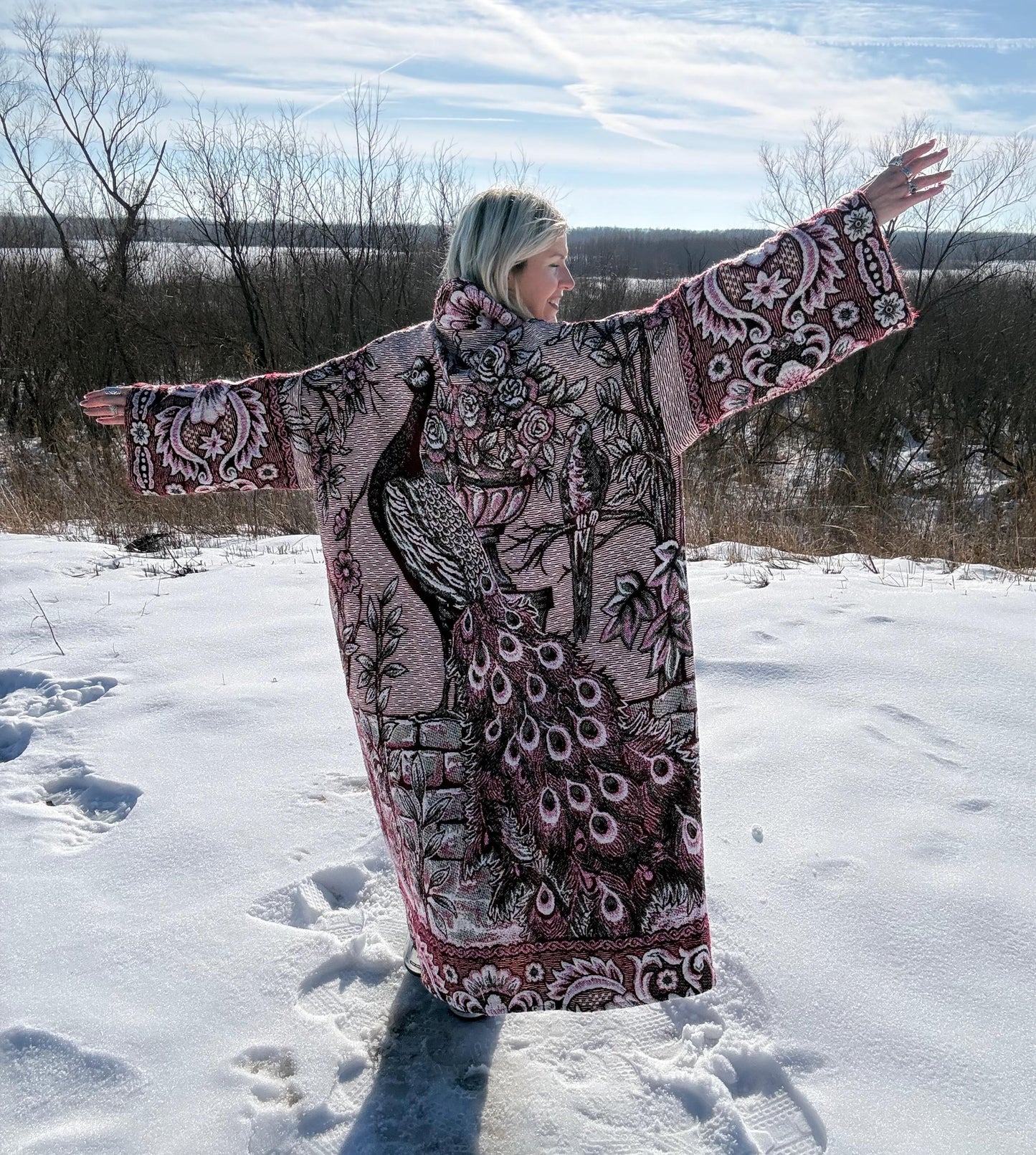 Peacock Romance Handmade Long Floral Statement Coat