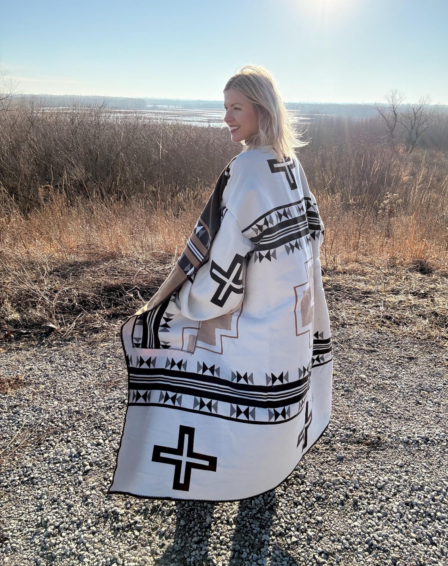 Geometric Neutrals Cozy Oversized Wool Blend Handmade Blanket Coat